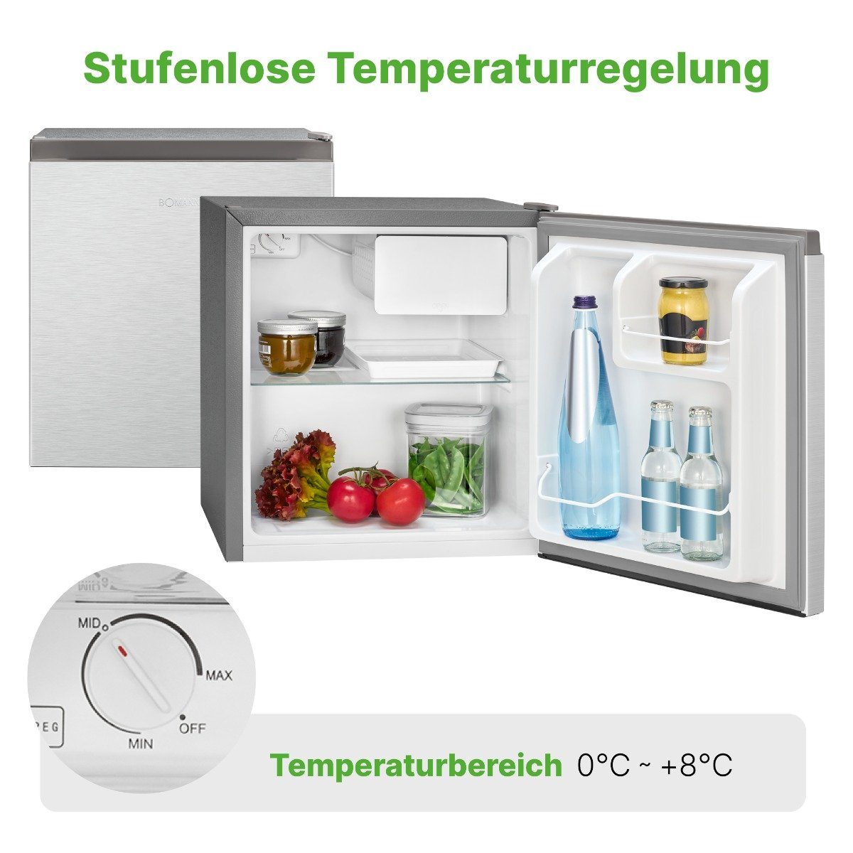 BOMANN Kühlschrank KB 7245, 50 edelstahloptik Kühlbox hoch, Gefrierfach cm 44.5 m. Mini Kühlschrank leise 45L cm breit
