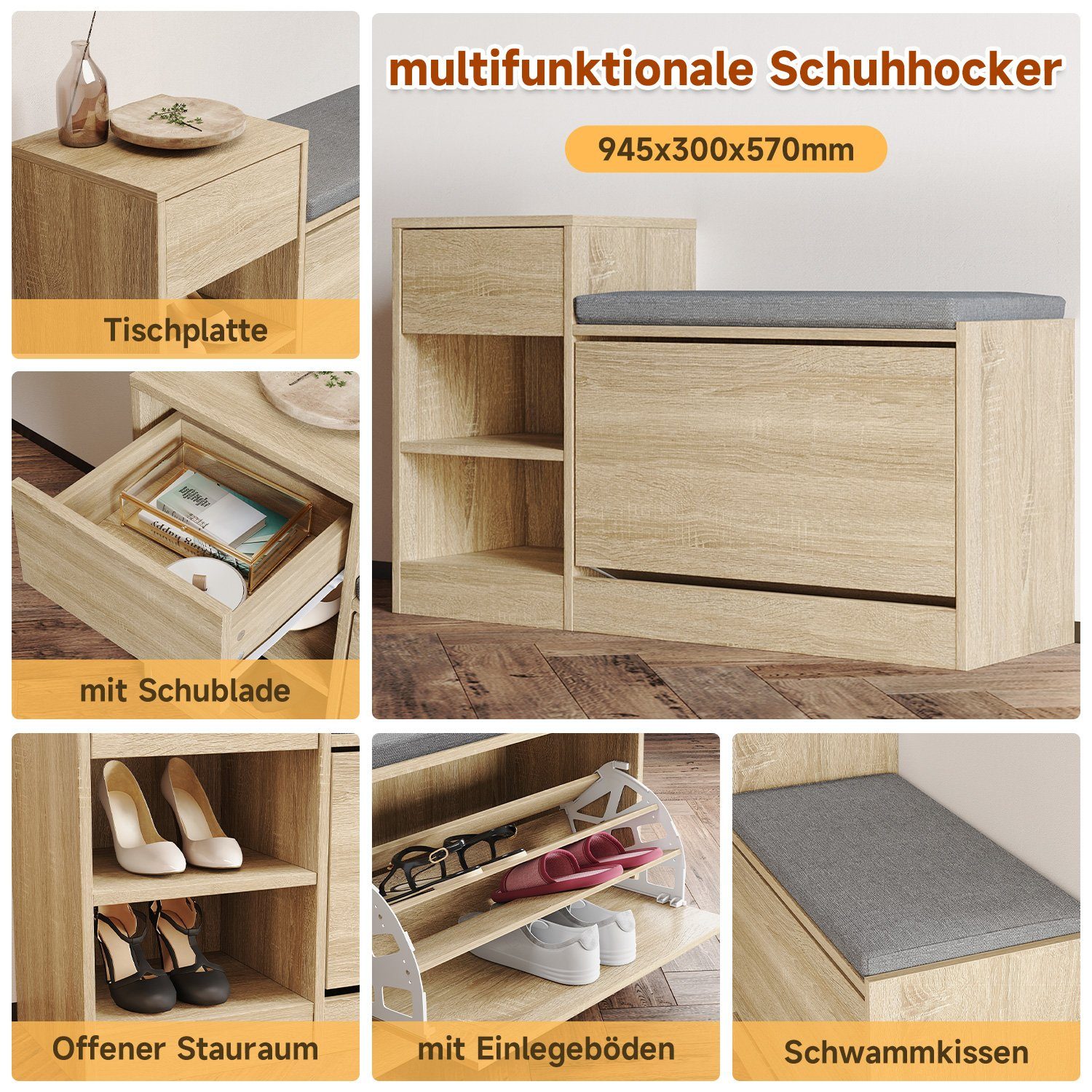 Schuhschränke Holzfarbe und Stauraum, schuhregale, mit mit SONNI Schuhtruhen, Schuhschrank sitzbank schubfach,94.5x30x57cm,Schuhkipper,holz Schuhkommode, Schuhbänke,