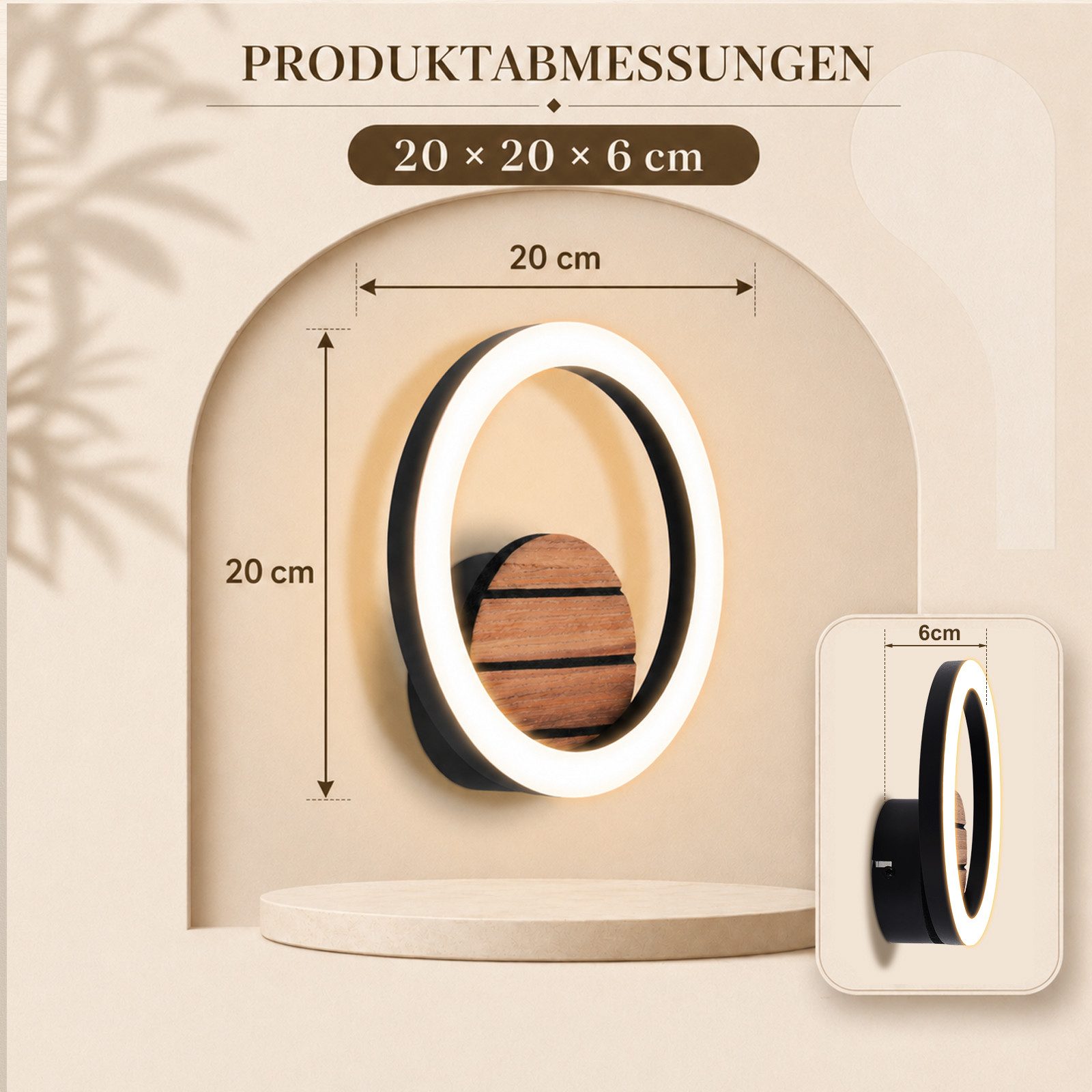 ZMH Wandleuchte innen Schwarz Modern Holz 6W 3000K Wandlampe Schlafzimmer, LED fest integriert, Warmweiß, Metall & Holz,727lm,Flurlampe,Nachtlicht für Wohnzimme – Bild 5 von 5