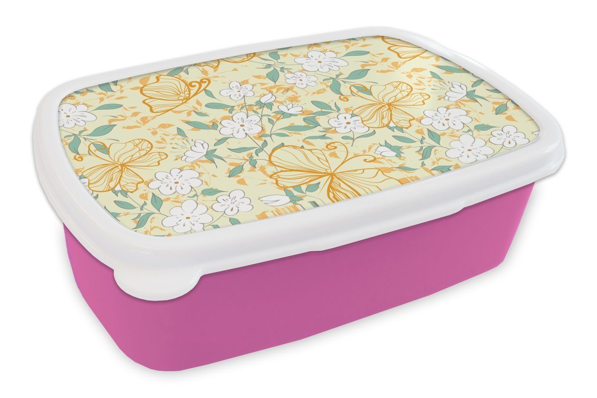 MuchoWow Lunchbox Blumen - Sommer - Muster, Kunststoff, (2-tlg), Brotbox für Erwachsene, Brotdose Kinder, Snackbox, Mädchen, Kunststoff rosa