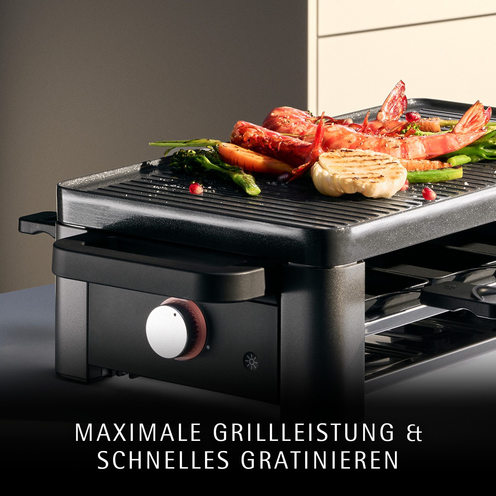 WMF Raclette Master, indirekte LED-Beleuchtung, Keramikbeschichtung, 8 Raclettepfännchen, 1500 W, Variable Temperatur, spülmaschinengeeignete Pfännchen und Spatel