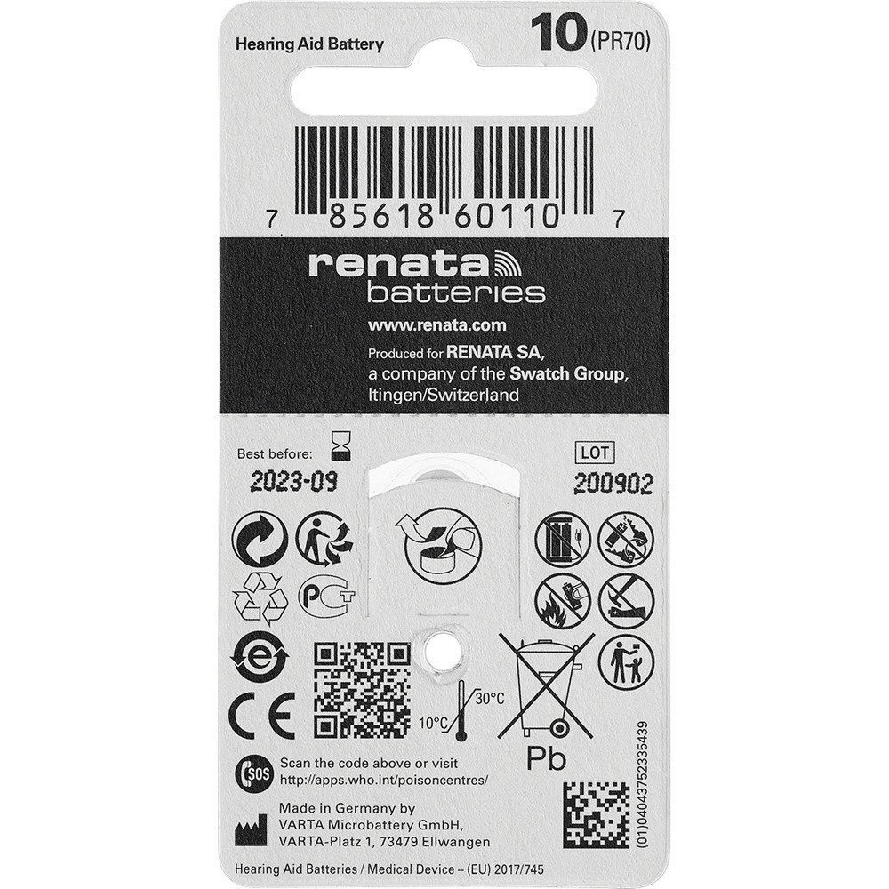 Renata Renata Knopfzelle ZA10 1.4 V 6 St. 105 mAh Zink-Luft Hearing Aid PR70 Knopfzelle