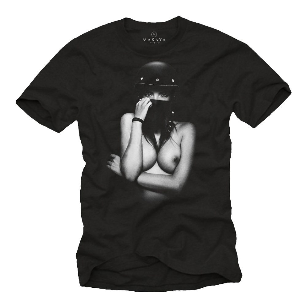 MAKAYA Print-Shirt Herren Sexy Girl Helm Motorrad Motiv Bekleidung Männer Geschenke mit Druck, aus Baumwolle