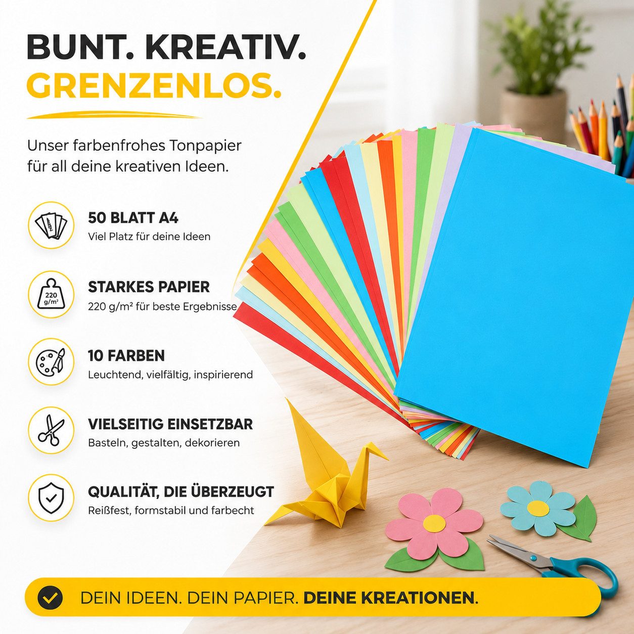 Bastelfreund® Bastelkartonpapier 50 Blatt Tonkarton DIN A4, 220 g/m², 10 Farben inkl. Gold und Silber, Bedruckbar, Papierstärke 230 g/m² – Bild 5 von 5