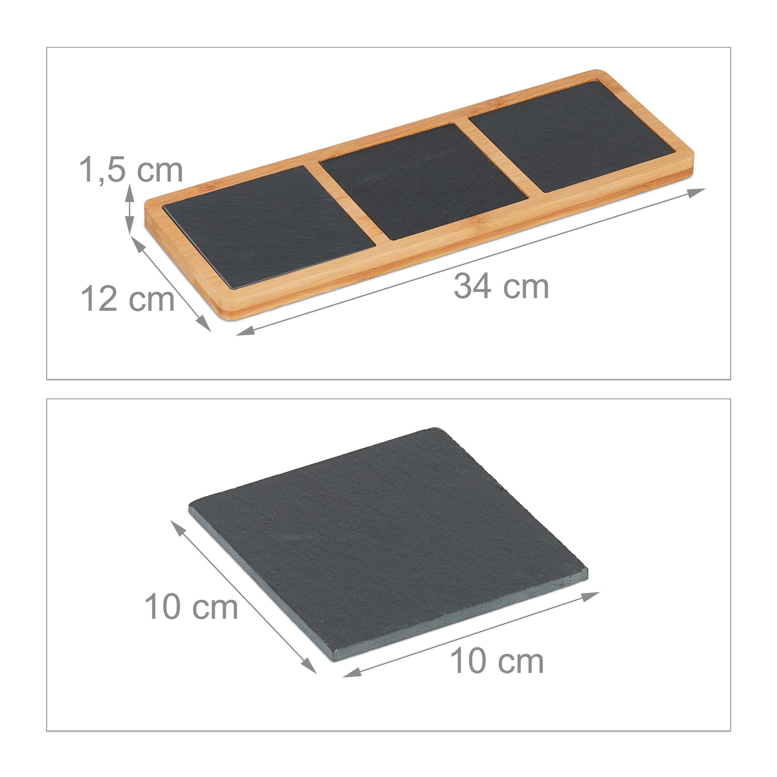 relaxdays Servierplatte Servierbrett mit Schieferplatten, Bambus
