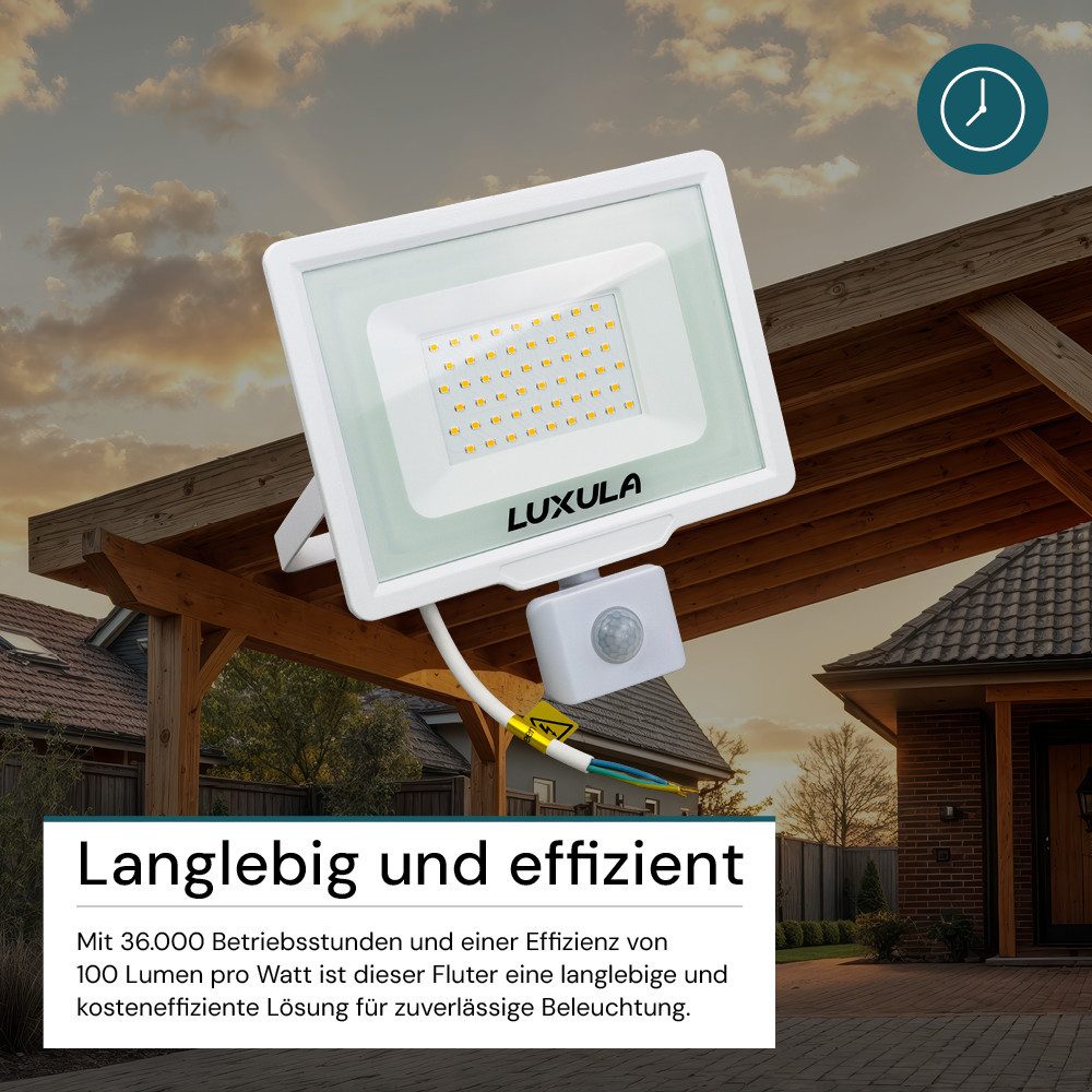 LUXULA LED Flutlichtstrahler LUXULA LED Fluter 50 W 3000 K Warmweiß Weiß, LED fest integriert, Warmweiß