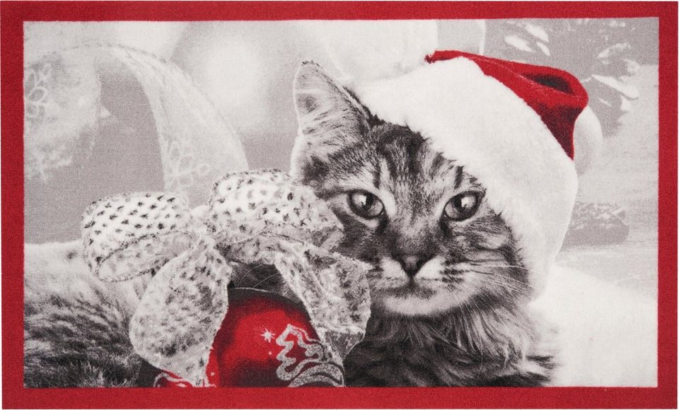 Fußmatte Christmas Cat, HANSE Home, rechteckig, Höhe: 7 mm, Tier Motiv,  Pflegeleicht, Rutschfest, Weihnachten, Waschbar