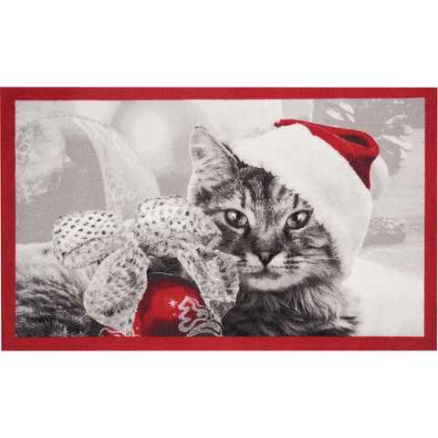 Fußmatte Christmas Cat, HANSE Home, rechteckig, Höhe: 7 mm, Tier Motiv, Pflegeleicht, Rutschfest, Weihnachten, Waschbar