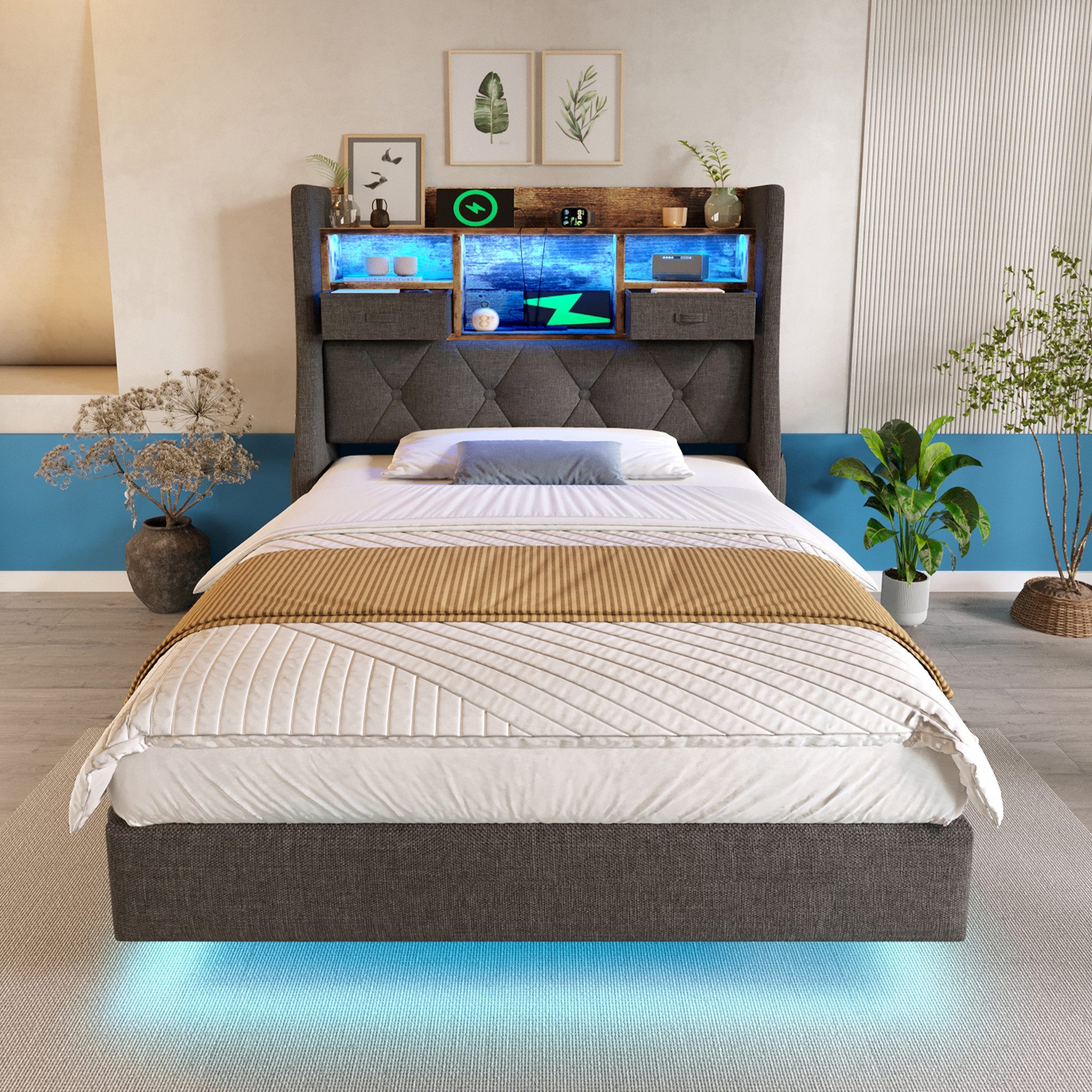 Odikalo Polsterbett Stauraumbett mit Bettkasten LED und Ladestation (90x200 günstig online kaufen