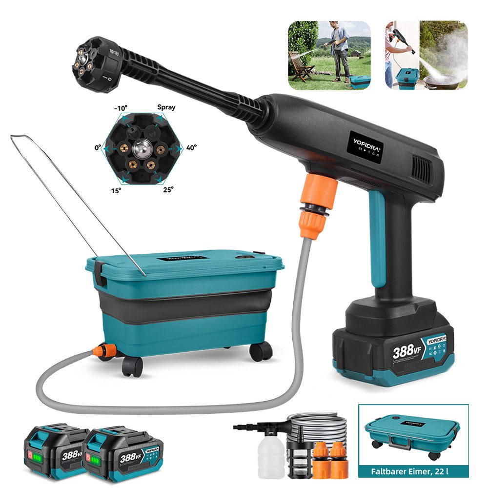 Yofidra Akku-Hochdruckreiniger 45 Bar Mobiler Минимойки mit 2 x Akkus, 6-in-1 Düse, Druck max: 40 bar, 400 W, 336l/h Druckreiniger für Autos, Terrasse, Fenste, Garten