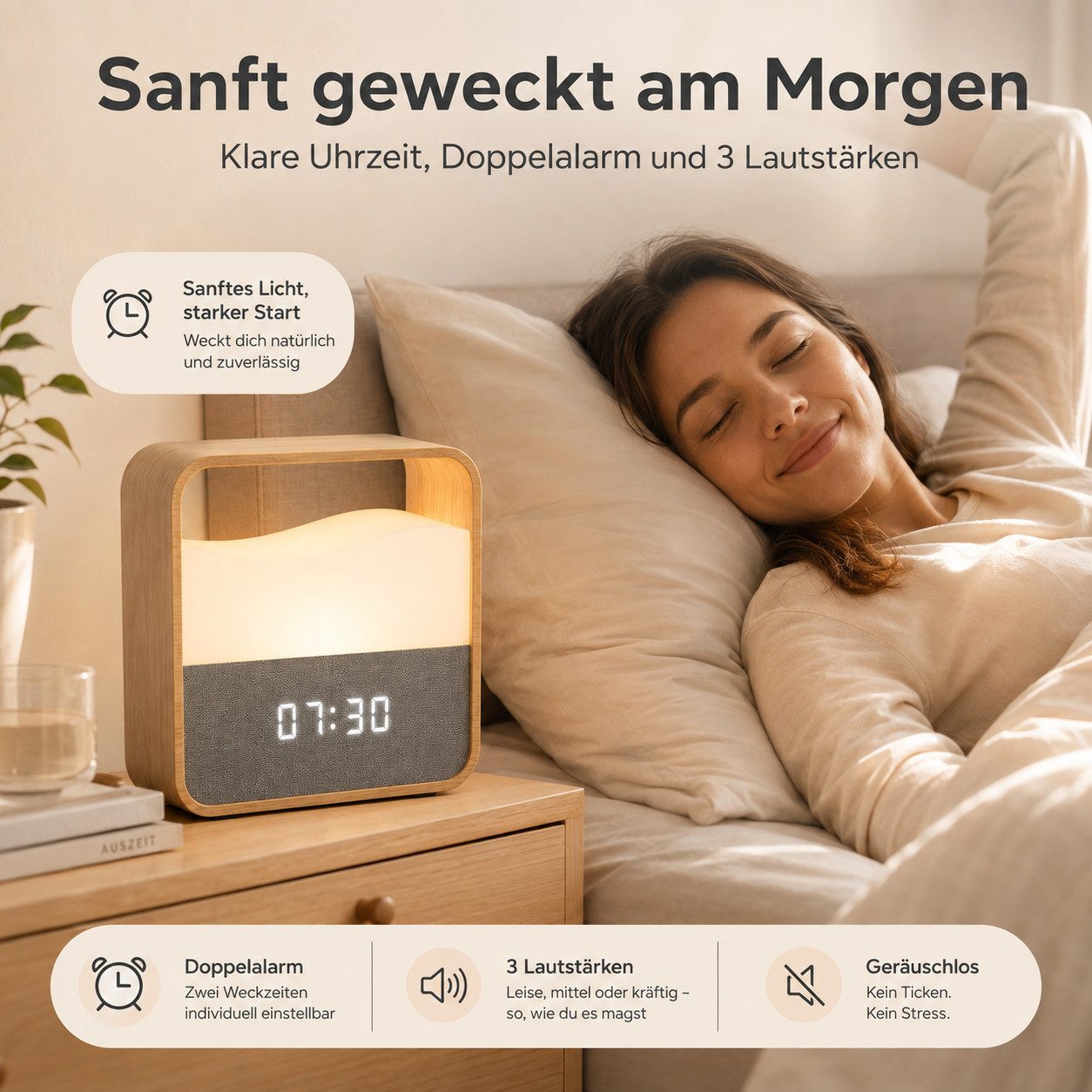 Fyrove Wecker Digitaler Wecker mit dimmbarem Nachtlicht & Doppelalarm Sanfte Wake-up Lampe Holzoptik, Kabelloser USB-C Aufladbar – Bild 4 von 5