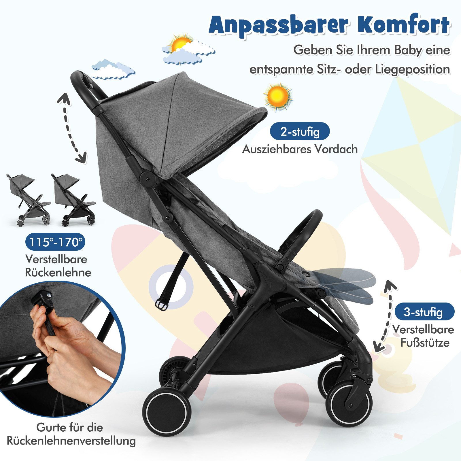 COSTWAY Kinder-Buggy, Kinderwagen klappbar, Reisebuggy, mit Liegefunktion