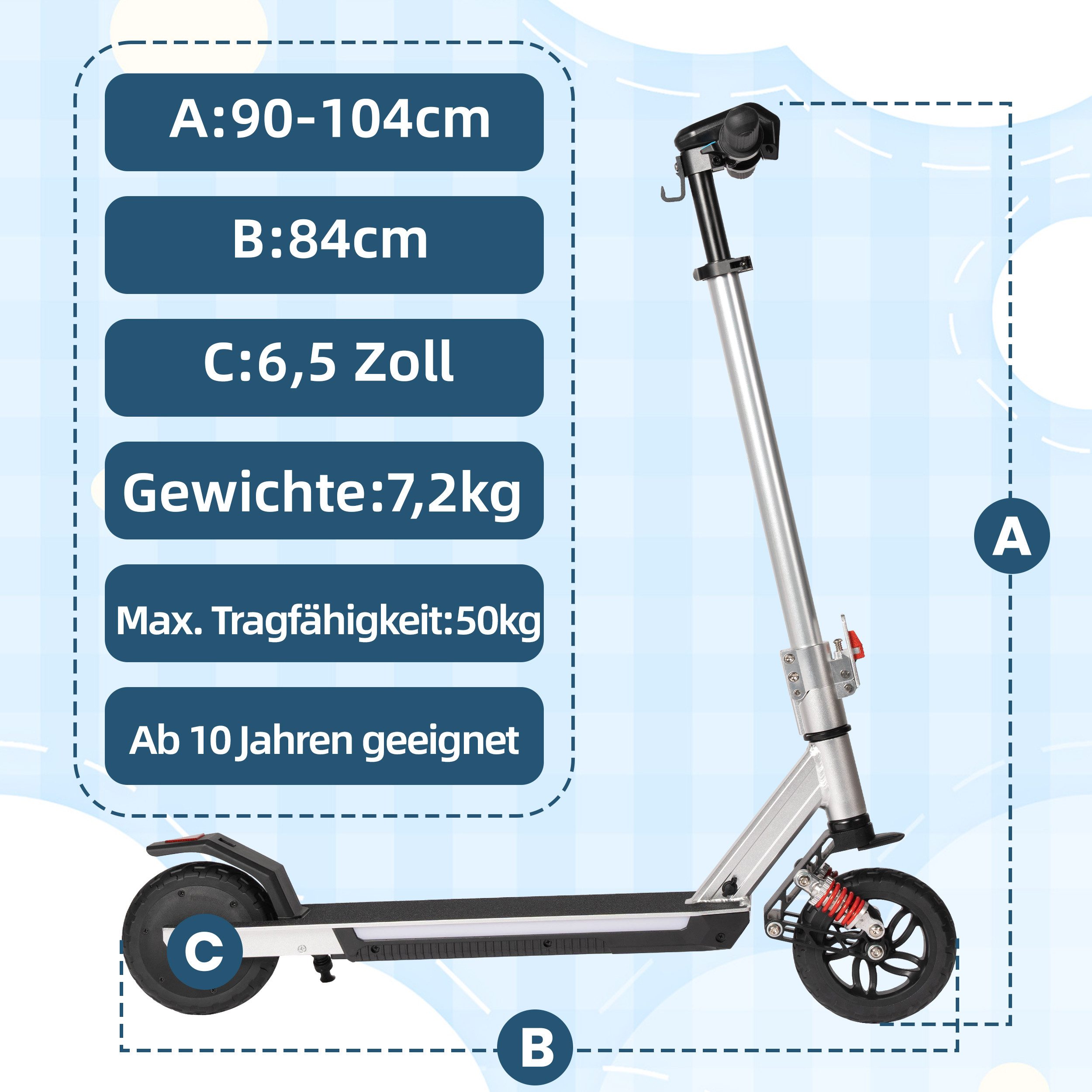 Vankel Elektro-Kinderroller ab 10 Jahren, klappbar, mit Federung, 15km, 14km/h, höhenverstellbar, Bunte Leuchten, EBS+Fußbremse, mit Haken, Aluminiumrahmen