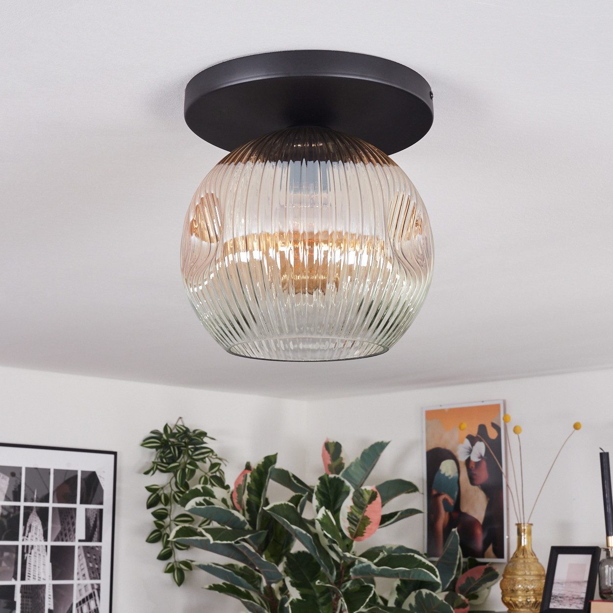 hofstein Deckenleuchte Deckenlampe aus Metall/Riffelglas in günstig online kaufen