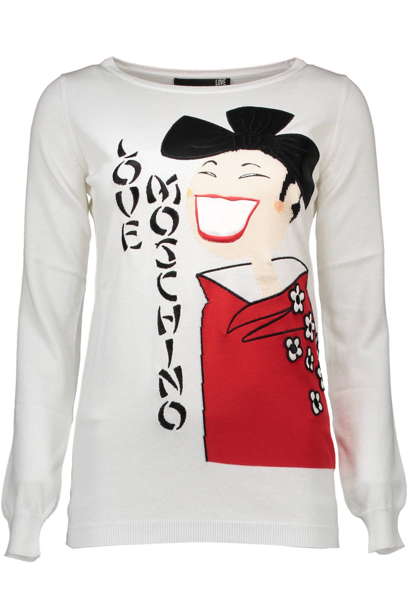 LOVE MOSCHINO Strickpullover Eleganter Damenpullover in Weiß mit Applikationen und Rundhalsausschn