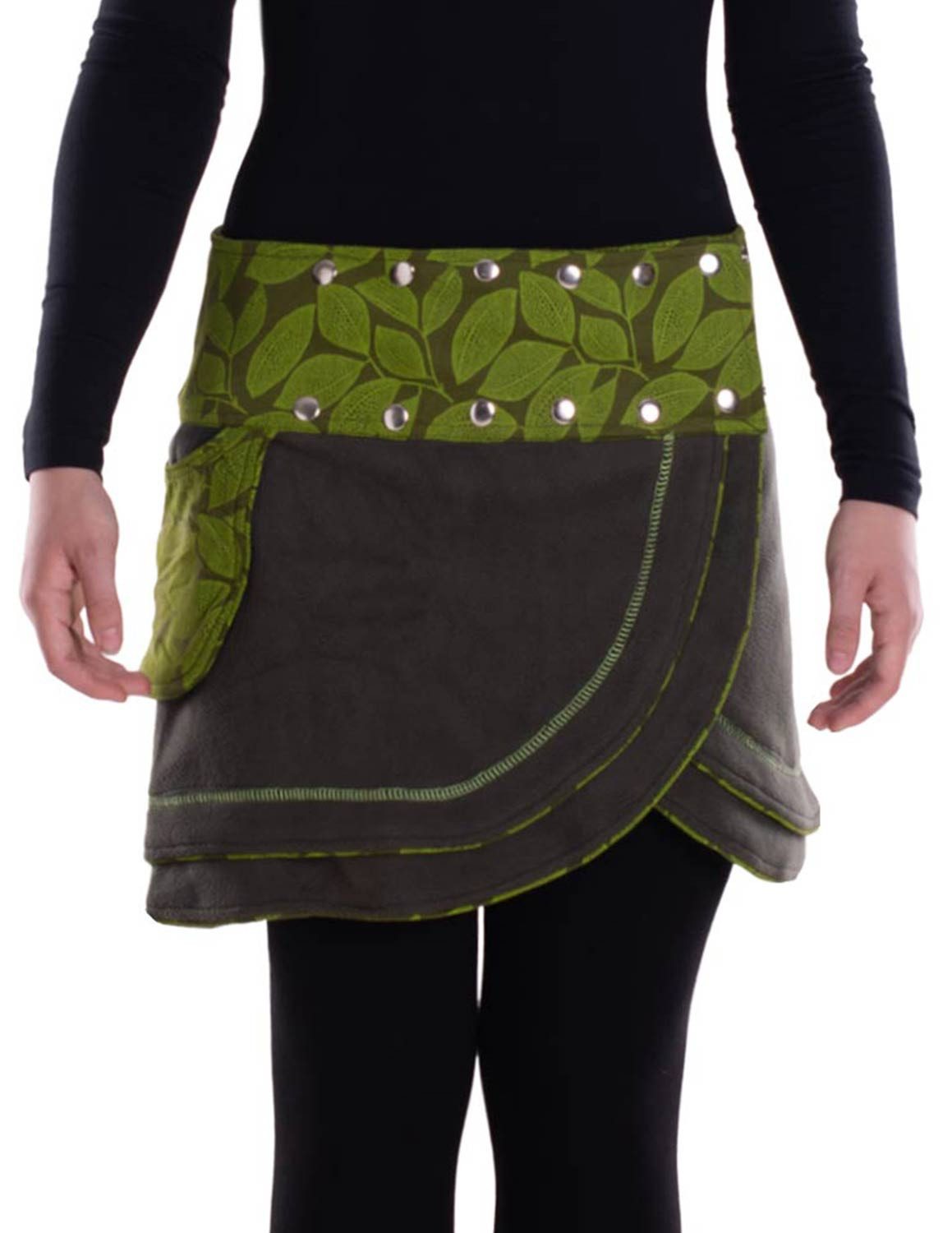 Vishes Wickelrock Warmer Damen Wickelrock Rock zum Wickeln mit Druckknöpfen Blätter Goa, Hippie Style, Alternative Bekleidung