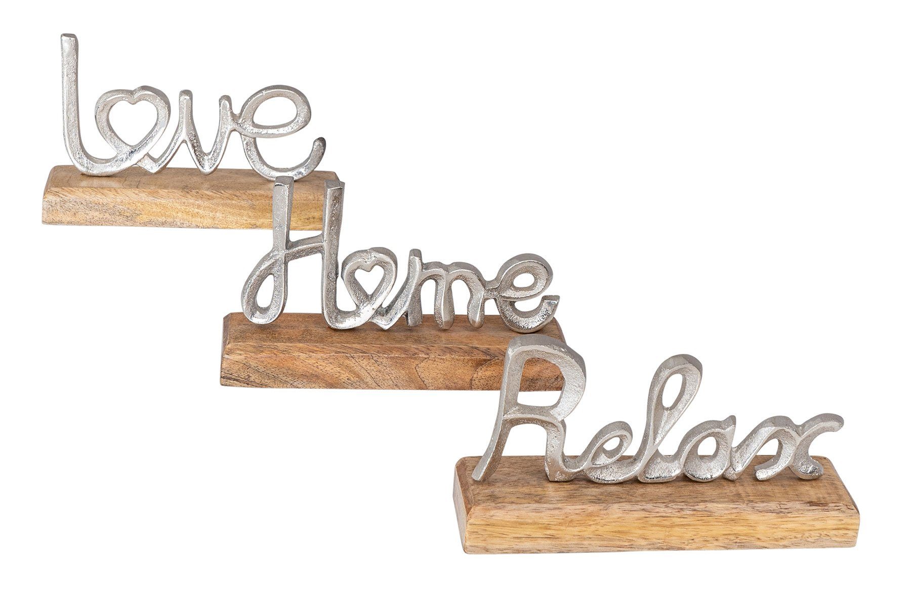 Levandeo® Deko-Schriftzug, 3er Set Schriftzug Love Home Relax Silber Mango Holz Metall