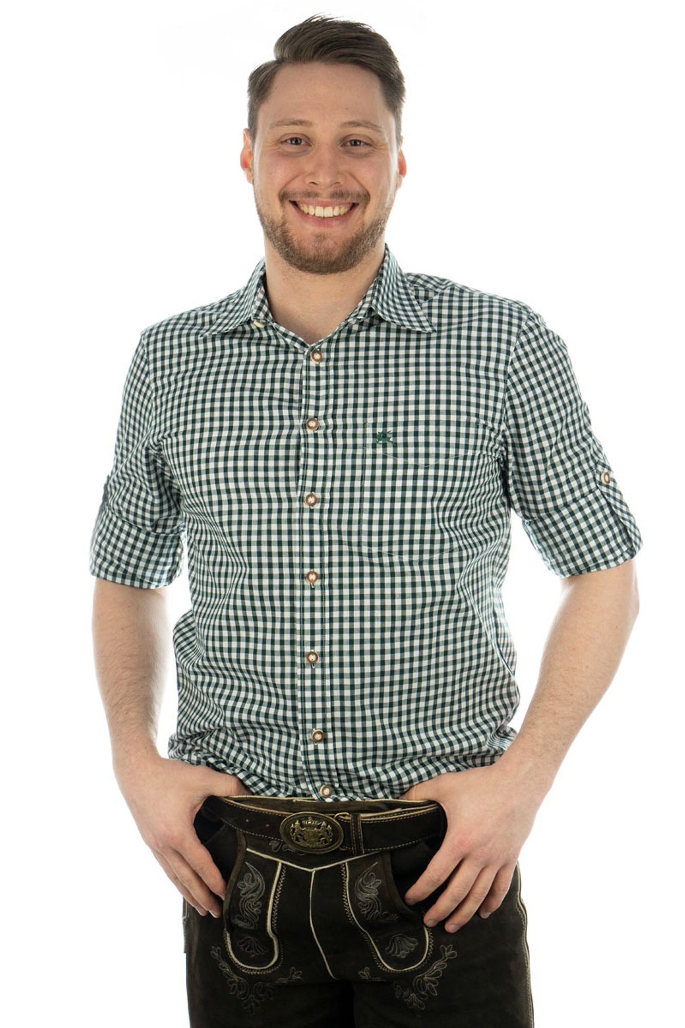 Ukazui Trachtenhemd Brusttasche mit Hirsch-Stickerei dunkelgrün mit Langarmhemd aufgesetzter OS-Trachten