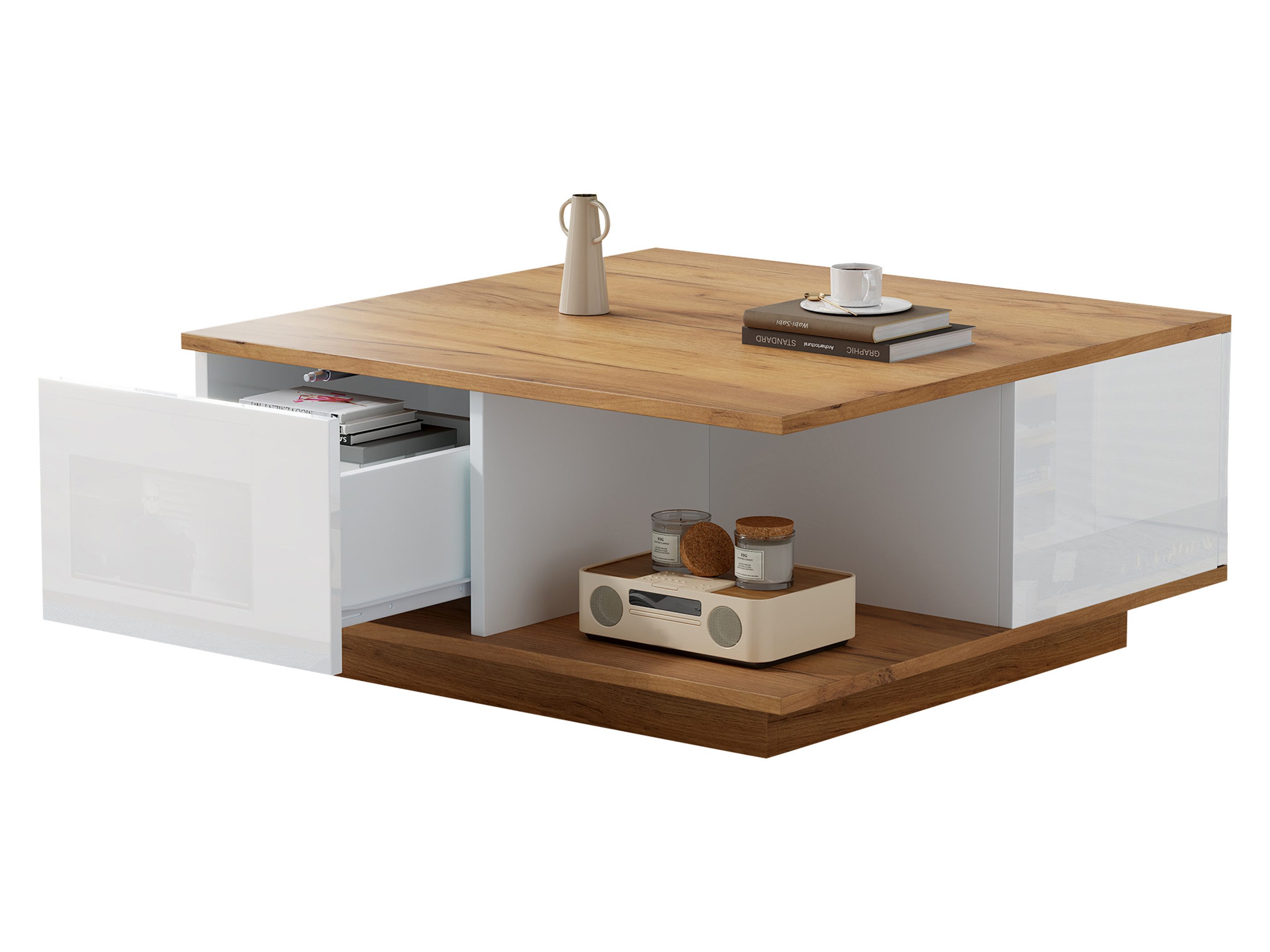 SeedWave Couchtisch Stivoller Doppelstöckiger Sofatisch mit 3 Schubladen, 1 Ablagefach, Schubladen mit hochglänzenden Oberflächen, Basen mit rutschfeste Pads
