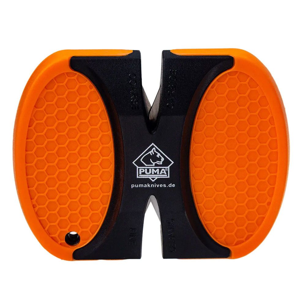 Puma Messer Messerschärfer TEC Schärfgerät SharpGo - Orange Messerschärfer Schleifgerät, schwimmt, gut auffindbar in Gelände, X-förmig, grobe und feine Stufe