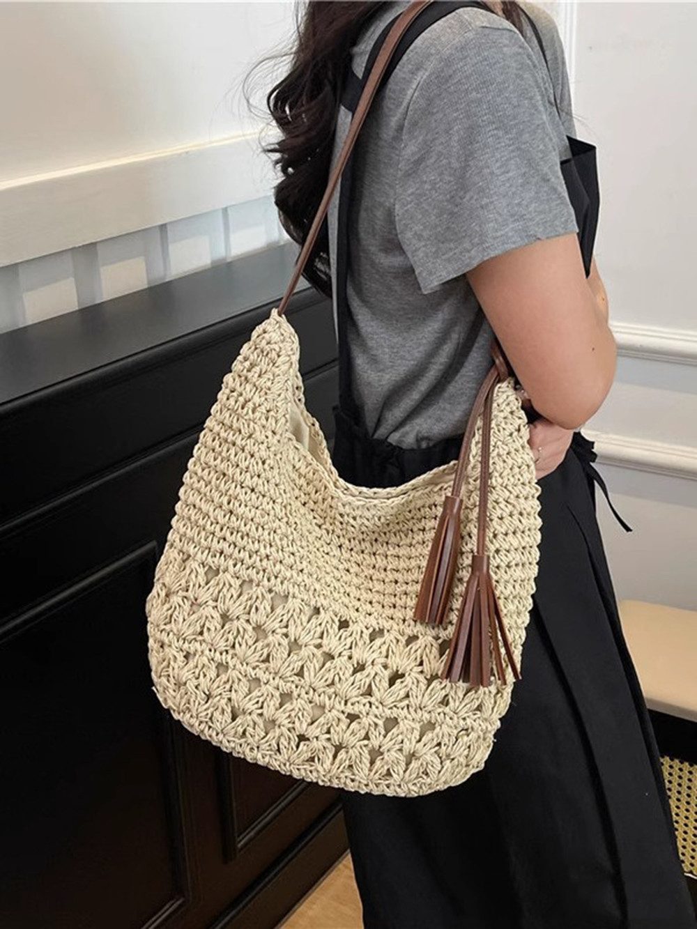 Zaewry Umhängetasche Schultertasche,Strandtasche, Tragetasche, Korbtasche, Minibag, Henkeltasche, Bast-Optik, Sommertasche, Crossbody Bag