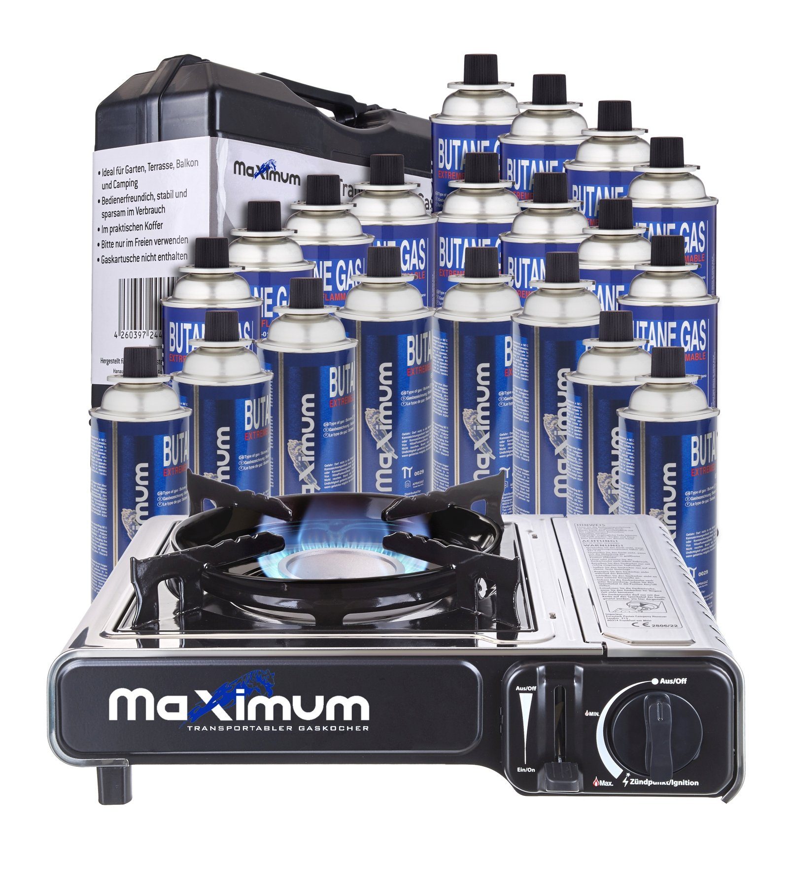 MaXimum Camping-Gasgrill Edelstahl Set - Perfektes für Outdoor-Enthusiasten & Campingliebhaber!, Kombi-Set, Edelstahl Kocher, MaXimum Gaskartuschen