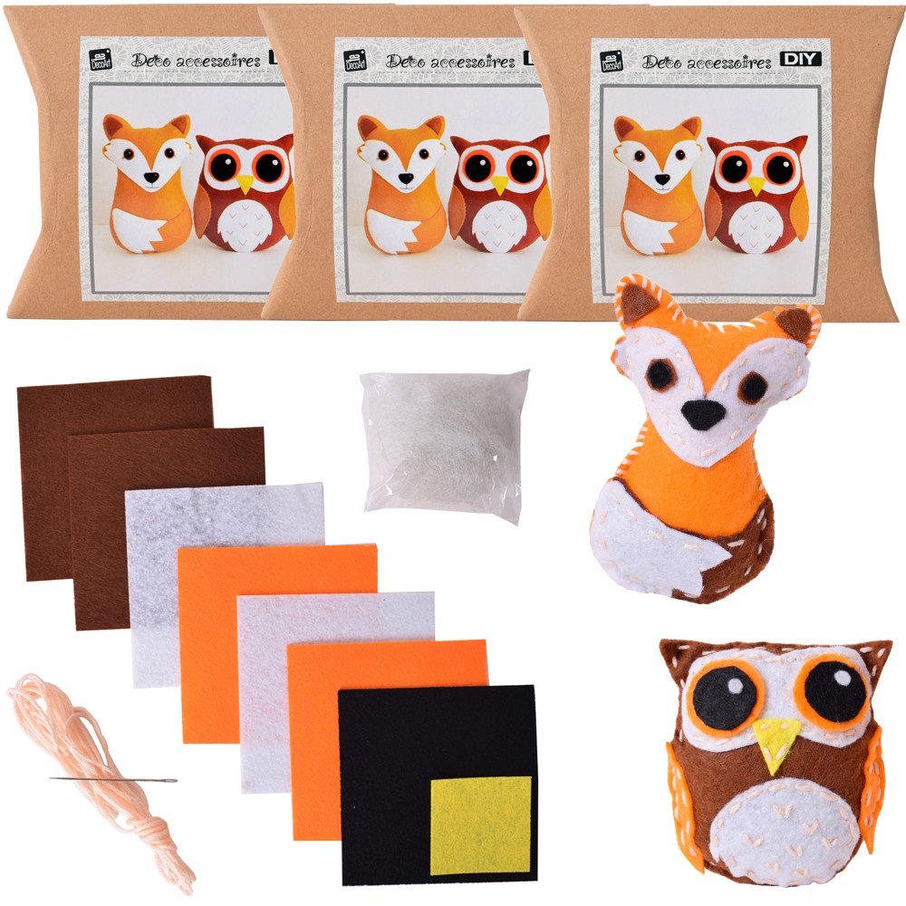 TE-DecoArt Dekofigur 3 Stück DIY Nähset Bastelset mit je 2 Figuren Fuchs Eule (3 St., in Sets einzeln verpackt), Vorgefertigte Teile