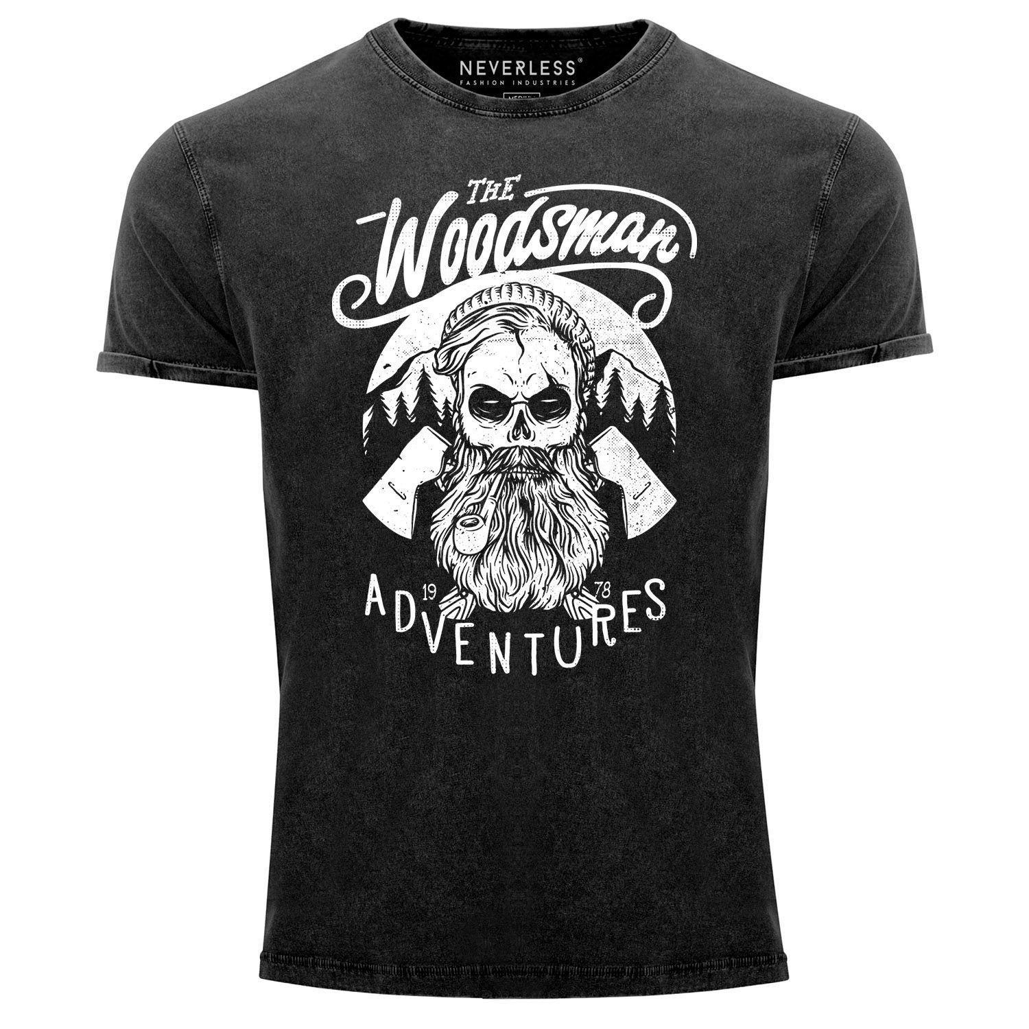 Neverless Print-Shirt Cooles Angesagtes Herren Vintage Woodsman T-Shirt mit Bart Fit Aufdruck Neverless® Hipster Print schwarz Used Skull Slim Shirt Lumberjack Look