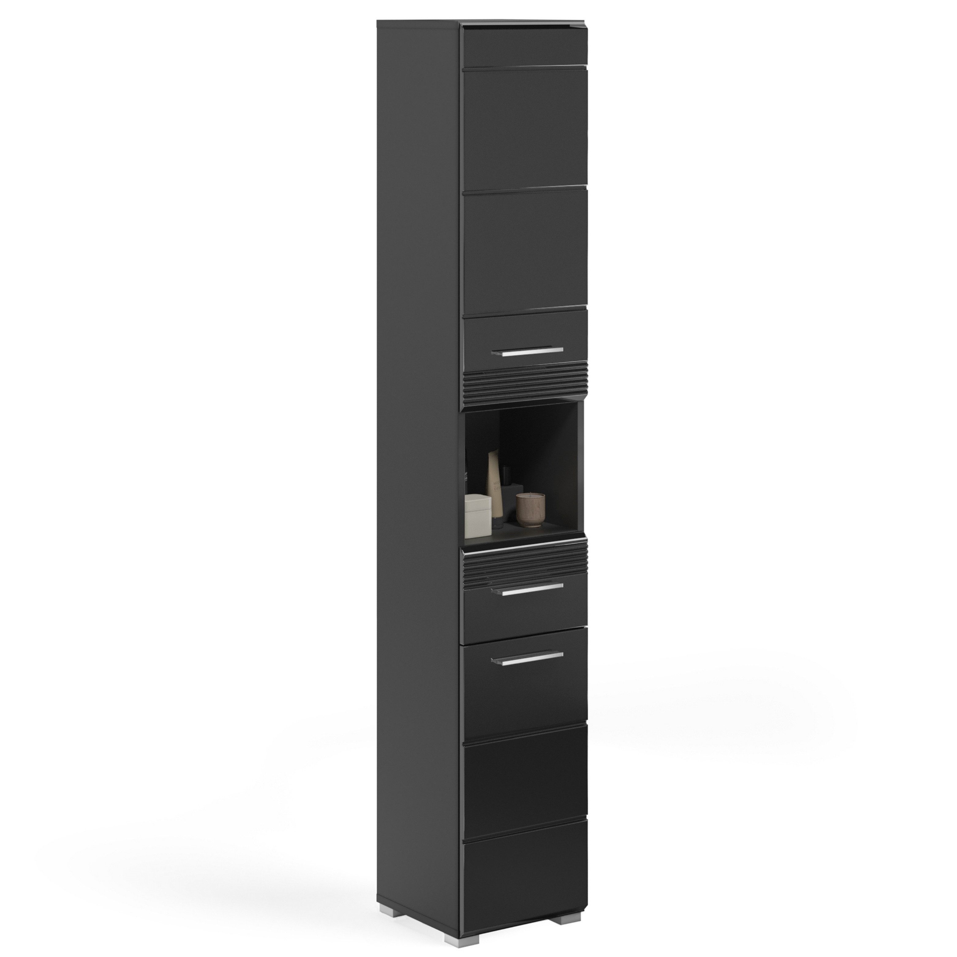 furnling Hochschrank Helsinki 1 Schublade, 2 Türen, 6 Fächer, Badschrank, Badmöbel, 30 cm breit