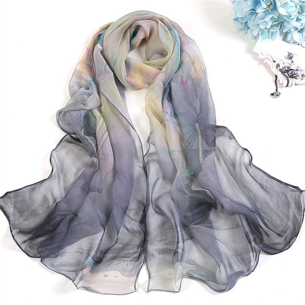 GLAMO Seidenschal modische Schals,Schals für Damen, leicht, bedruckt,Blumenmuster grau