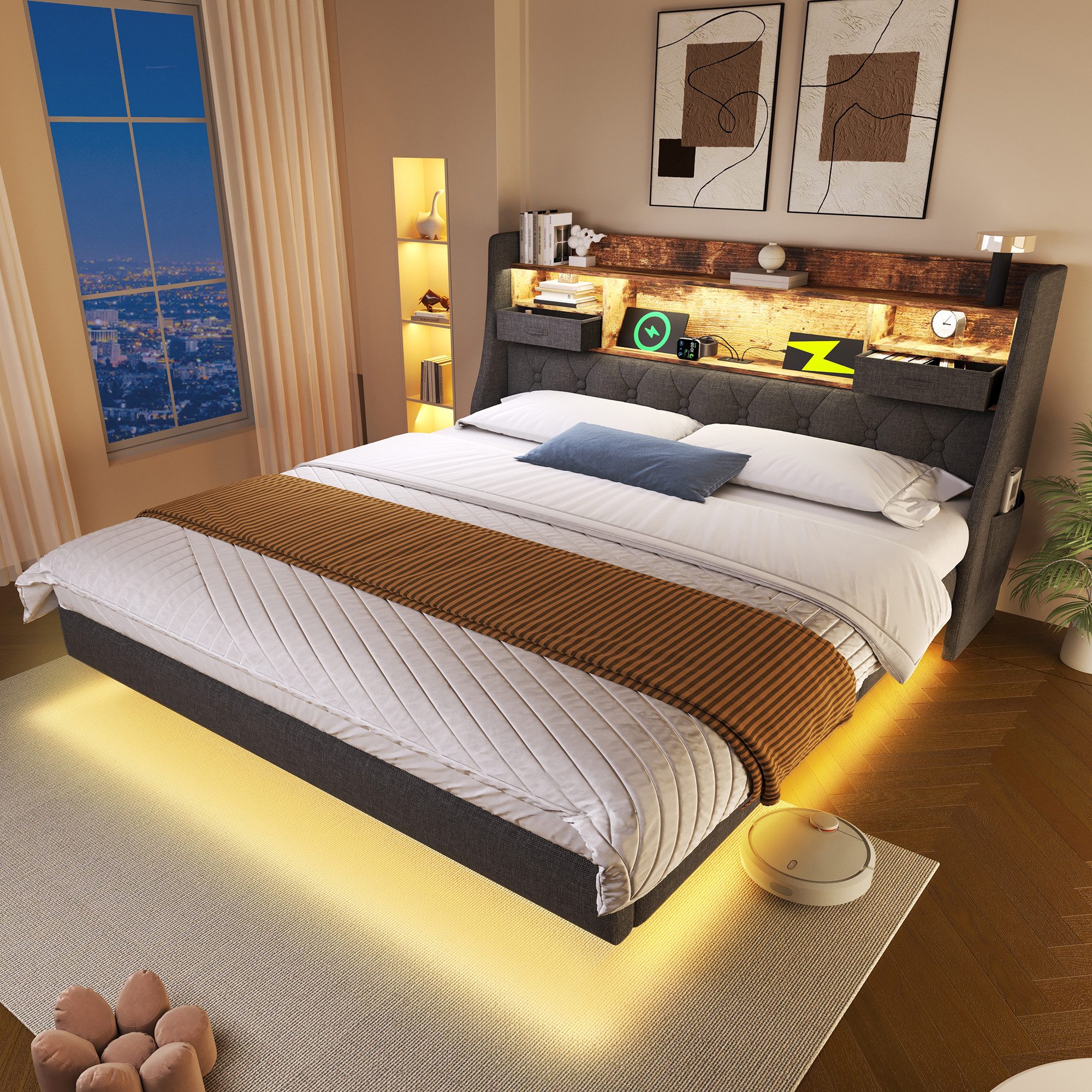 MODFU Polsterbett LED-Bett mit USB Typ-C Schnellladung (Funktionsbett, Stru günstig online kaufen