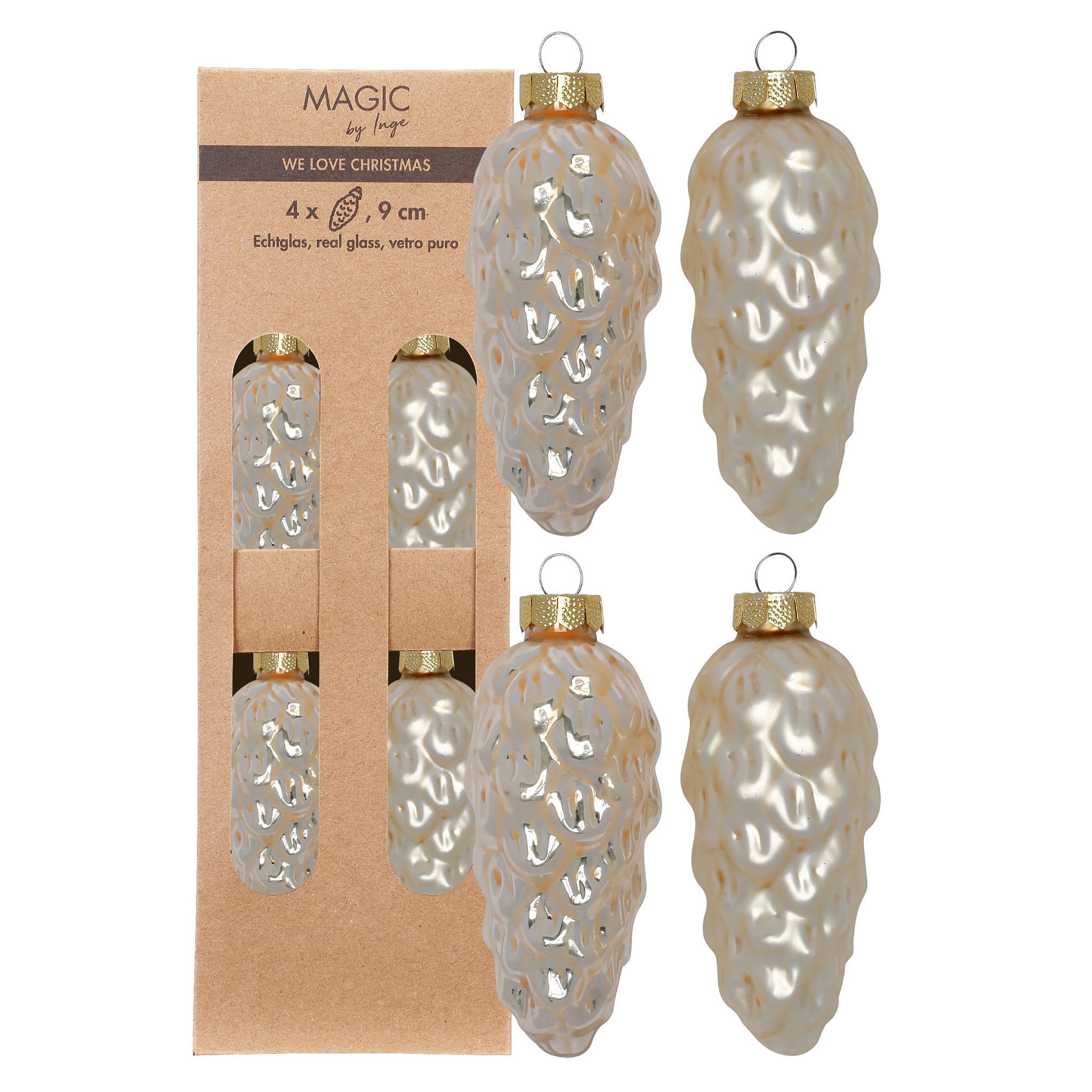 Holly & Jolly Christbaumschmuck, Christbaumschmuck Zapfen 9cm Glas 4 Stück - Champagne
