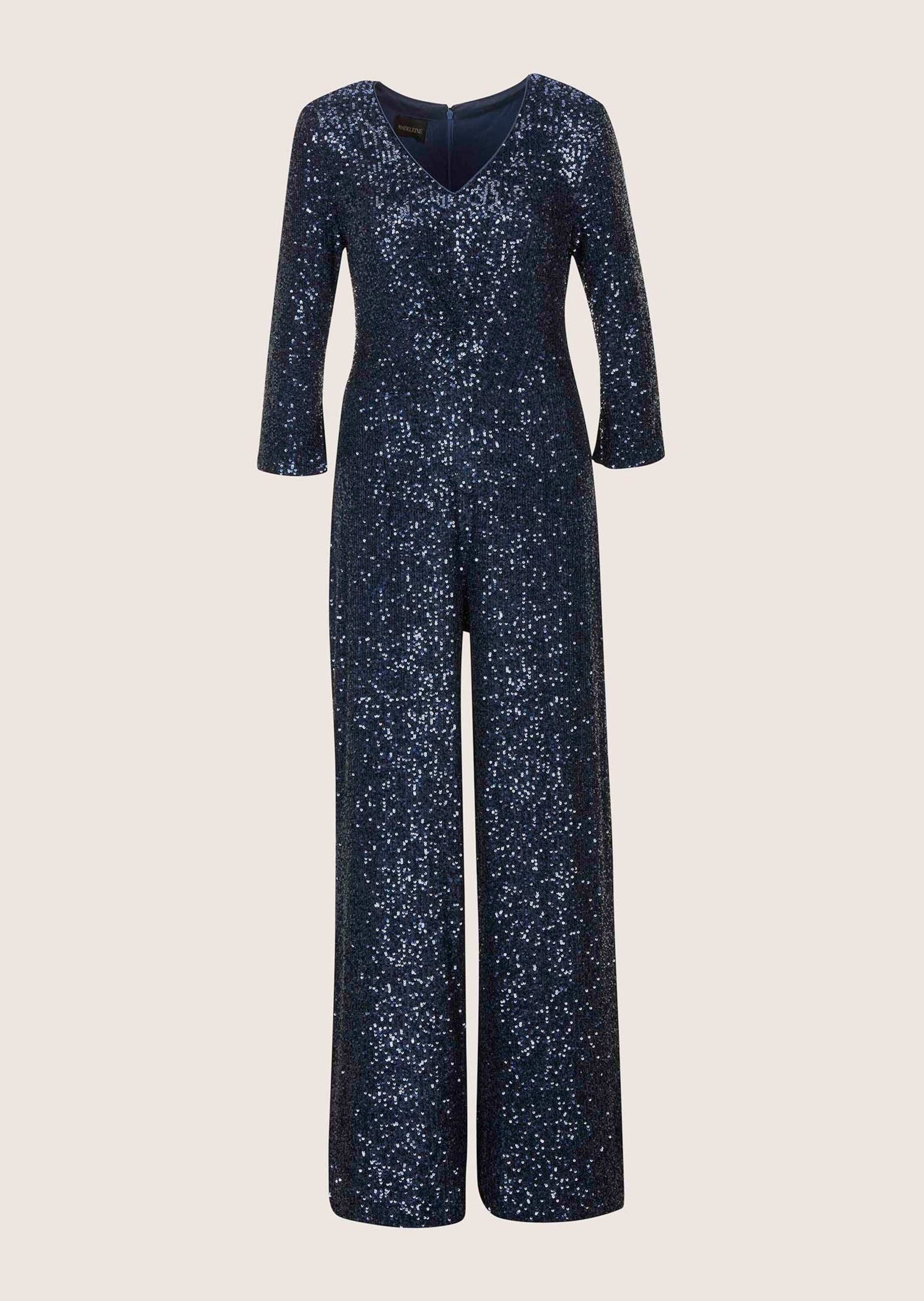 MADELEINE Jumpsuit Eleganter Pailletten-Einteiler Glanzoverall mit V-Ausschnitt, weiten Culotte-Beinen und 3/4-Arm – Bild 5 von 5