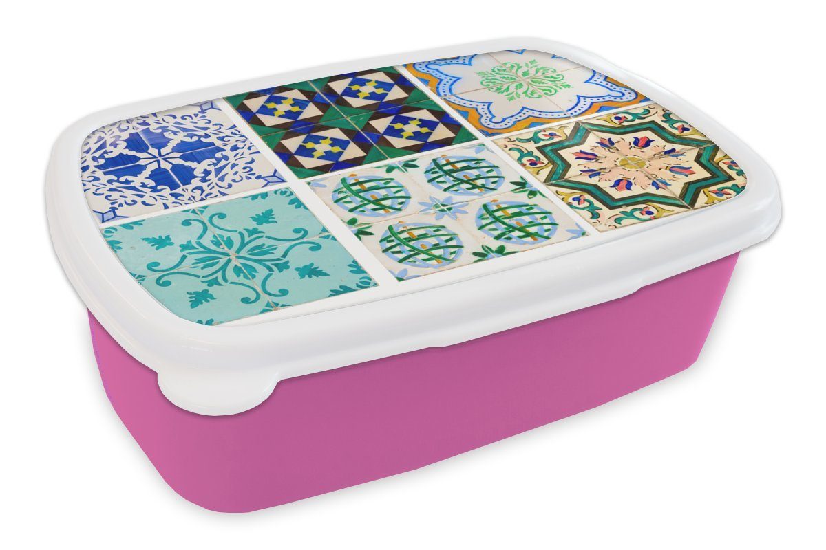 MuchoWow Lunchbox Kacheln - Blau (2-tlg), Kunststoff, Muster, Snackbox, Brotdose - Kinder, rosa Erwachsene, für Kunststoff Mädchen, Brotbox