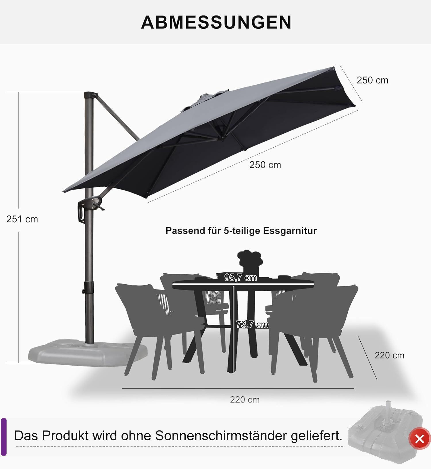 PURPLE LEAF Sonnenschirm Quadratischer Terrassenschirm, Alu Balkonschirm, Groß Ampelschirm, LxB: 250,00x250,00 cm, 360°Rotation, Sonnenschutz UV50+, für Garten, Terrasse, Pool