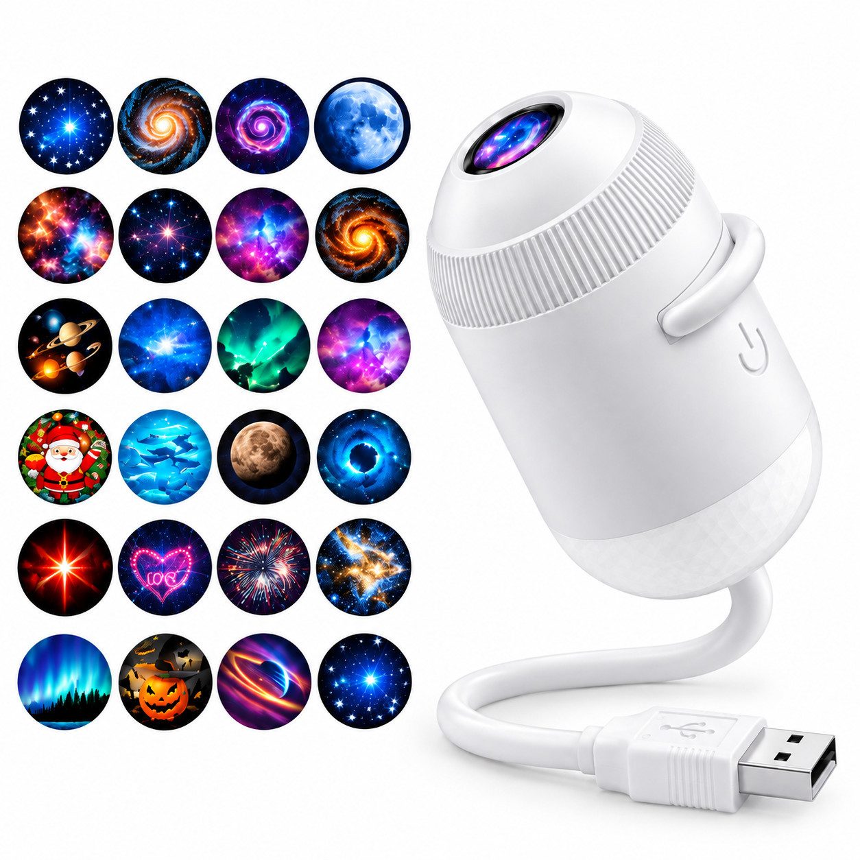 Toomoke LED Nachtlicht 2-in-1 Sternenhimmel mit 24 Motiven, Nachtlicht mit USB, Kompakte Projektionslampe für Schlafzimmer und Kinderzimmer