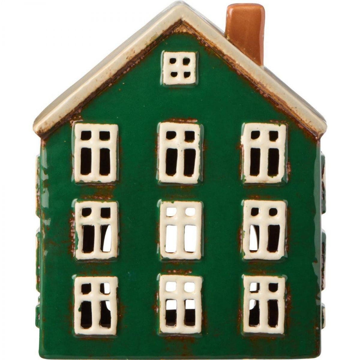 Ib Laursen Kerzenhalter Ib Laursen Haus für Teelicht Nyhavn grün mit gelber Tür (9,1x18x14,7cm