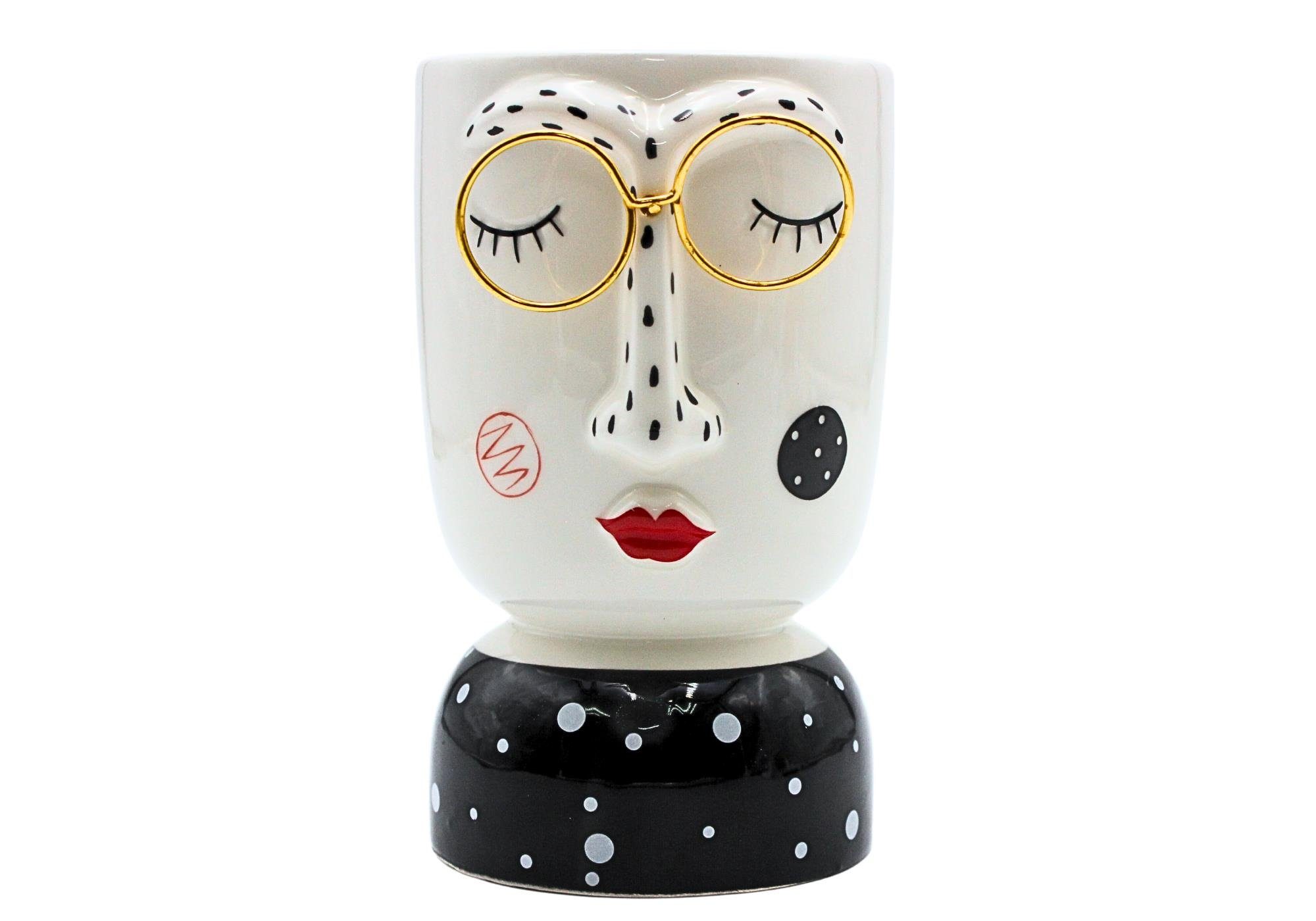 Dekohelden24 Dekovase Keramik Vase mit Gesicht und goldener Brille, Blumenvase, schwarz-weiß (1 Vase, 1 St)