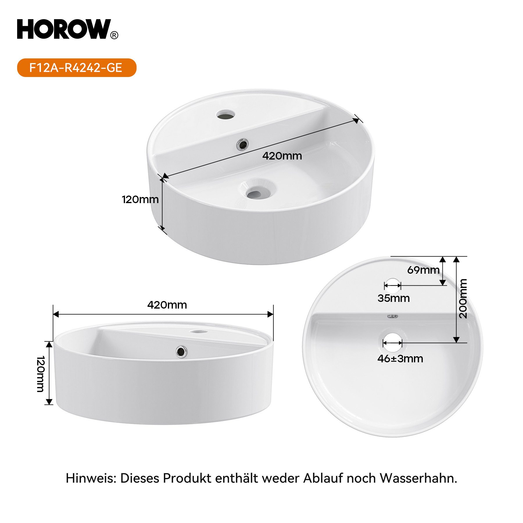 HOROW Aufsatzwaschbecken Waschbecken Klein Oval/Rund Weiß mit Nano für Badezimmer Gäste-WC (Aufsatzbecken, Badezimmer Waschtisch), mit Nano Beschichtung pflegeleichter Oberfläche