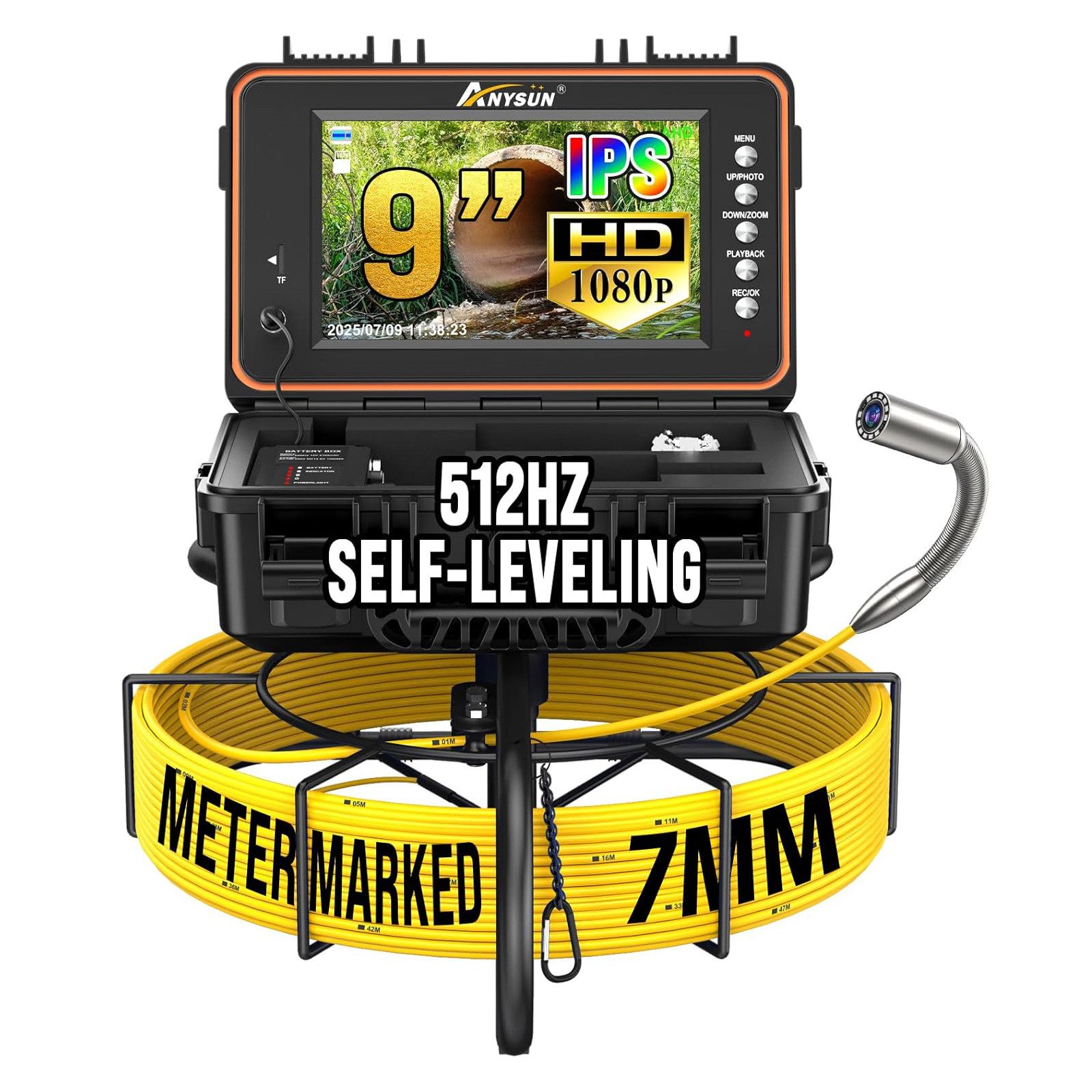 ANYSUN L09D2 Kanalkamera 30m mit Selbstnivellierend Meterzähler 512-Hz-Sender Inspektionskamera (Rohrkamera mit DVR, Audioaufnahme, HD 9" HD‑Display, 12 Licht 23mm Wasserdicht, 7mm Kable)