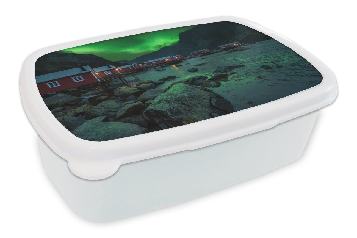 MuchoWow Lunchbox Nordlichter - Norwegen - Nacht, Kunststoff, (2-tlg), Brotbox für Kinder und Erwachsene, Brotdose, für Jungs und Mädchen weiß