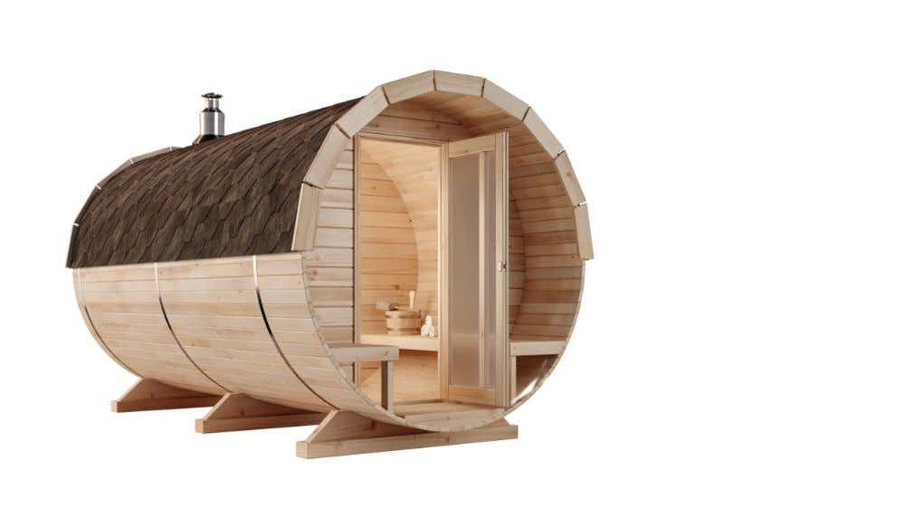 FinnTherm Fasssauna Charlotte, BxTxH: 220 x 400 x 228 cm, 42 mm, in Naturbelassen Inkl. Fußboden