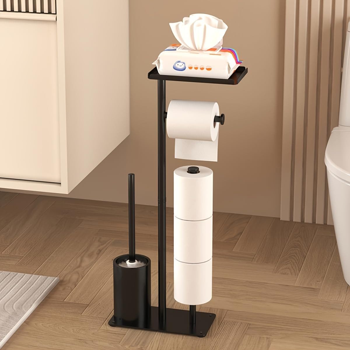 Fyrove WC-Garnitur Toilettenpapierhalter und WC-Bürste, 3-in-1 Klopapierständer, (mit Ablage und Ersatzrollenhalter, ohne Bohren, platzsparend für Badezimmer)
