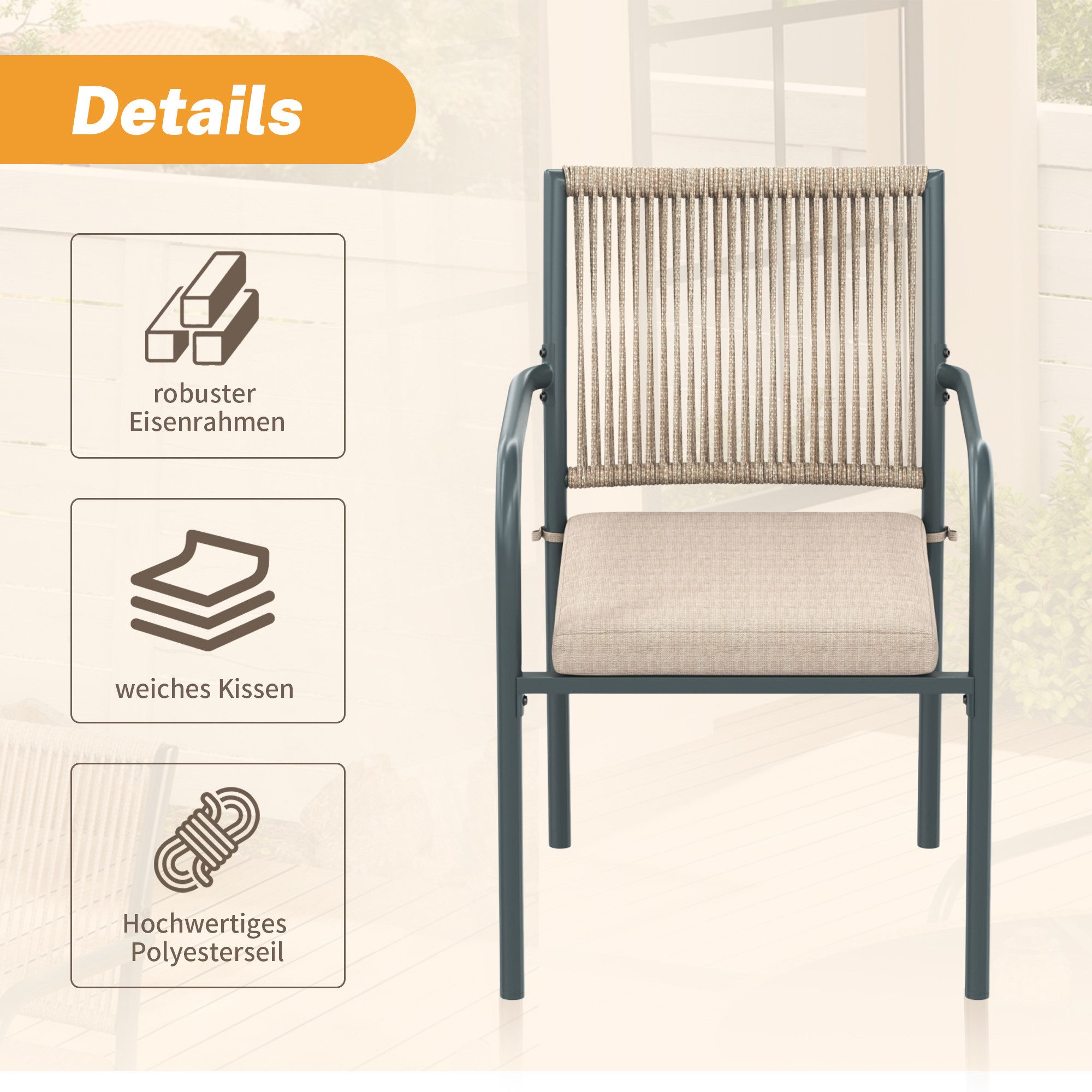 Celya Garten-Essgruppe Modernes Gartenmöbel-Set aus Rattan, Eisengestell, (Geeignet für Terrasse/Balkon/Deck, Grau), Runder Glastisch + 4 Armlehnstühle – Bild 5 von 5