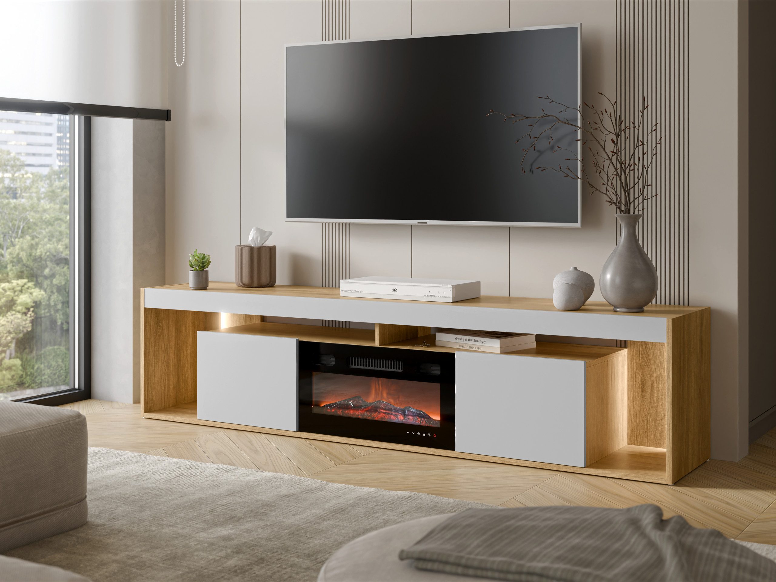 MIRJAN24 TV-Schrank Fiore EF 2D mit Kamin (mit zwei Drehtüren) Realistische Flamme, Heizfunktion, LED-Beleuchtung – Bild 2 von 5
