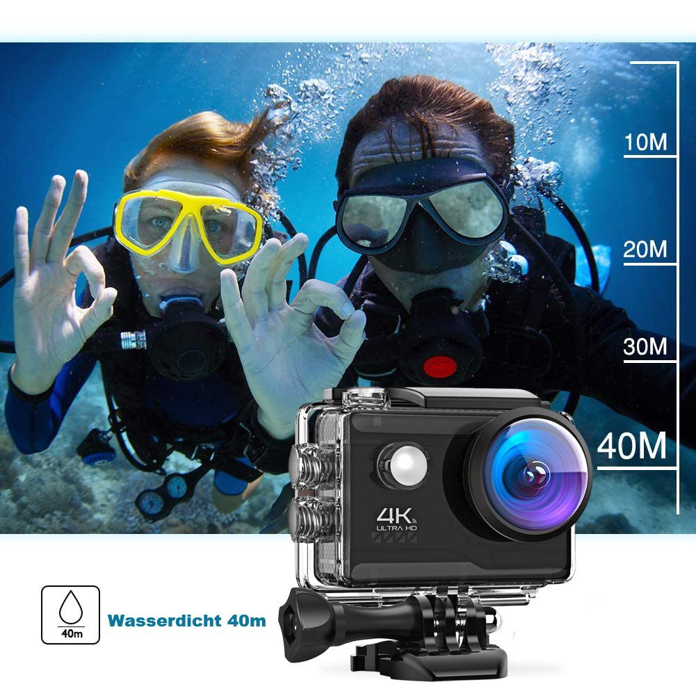 TWUFY Touchscreen 4K60FPS Action Cam 40M Unterwasserkamera Wasserdicht Action Cam (4K Ultra HD, WLAN 2.4 GHz, 40m Wasserdicht, EIS Stabilisierung, 170 ° Weitwinkel, 2.4G Fernbedienung, 2x1350mAh Akkus, Zubehör-Set)