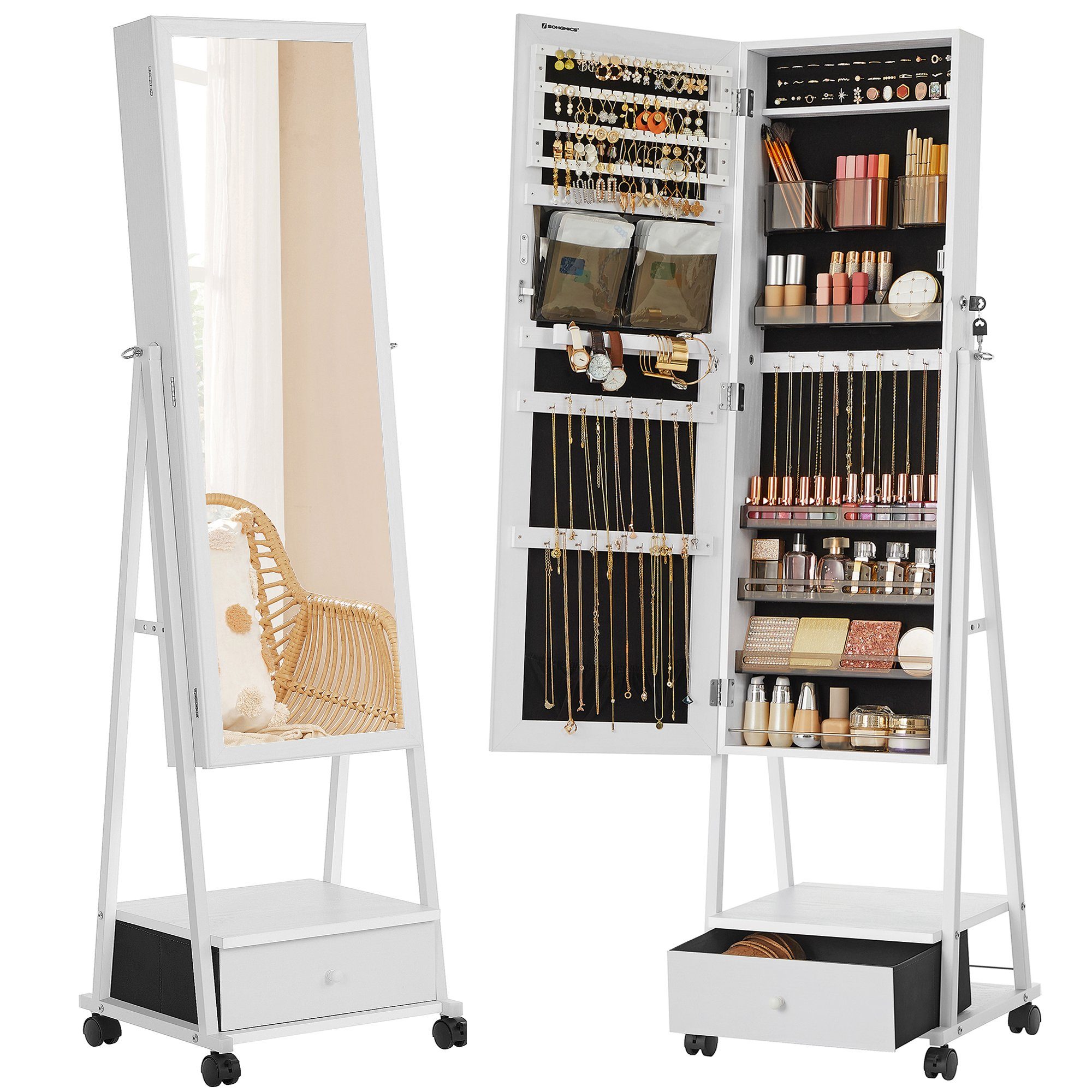 SONGMICS Schmuckschrank Spiegelschrank mit Schublade, Ganzkörperspiegel günstig online kaufen