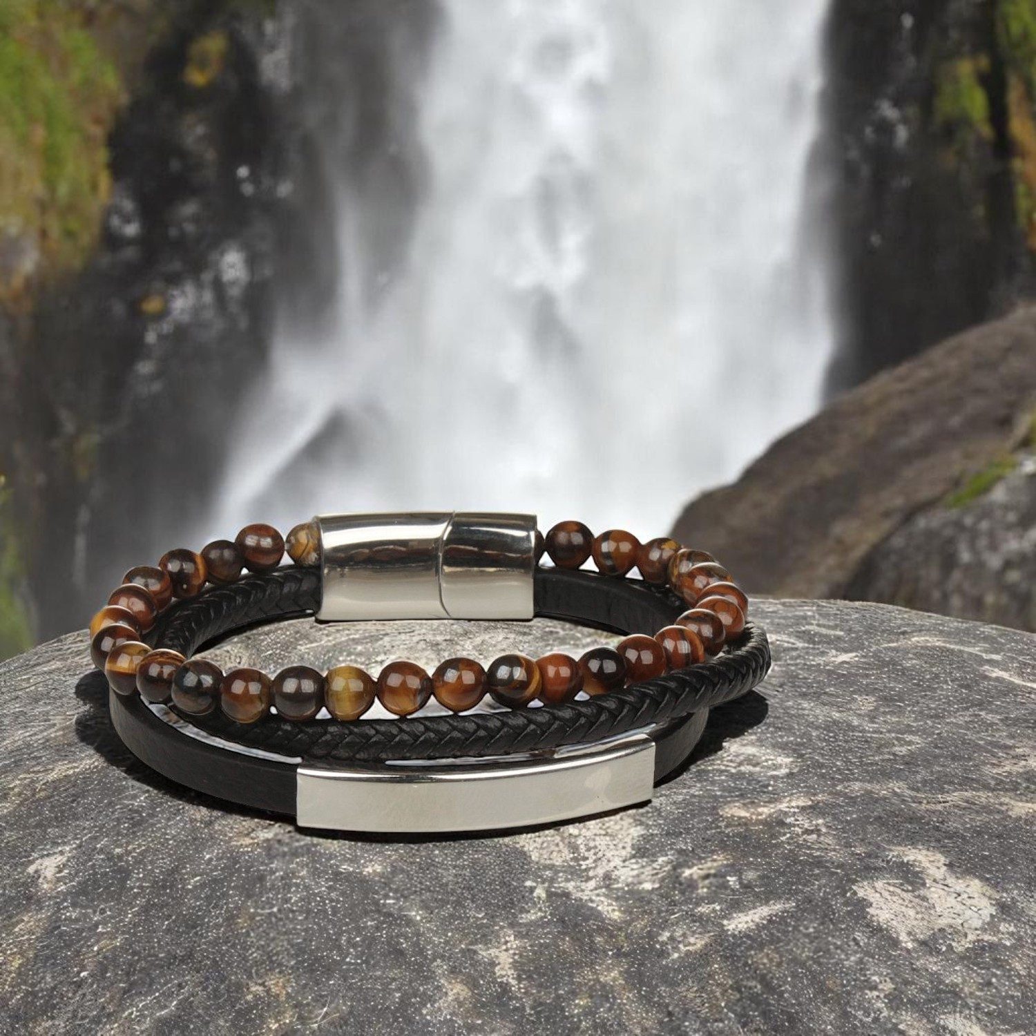 KARMA Armband Herren Lederarmband Magnetverschluss Schwarz Braun (PU Leder Schmuck für Männer), Edelstahl Perlen Männerarmband
