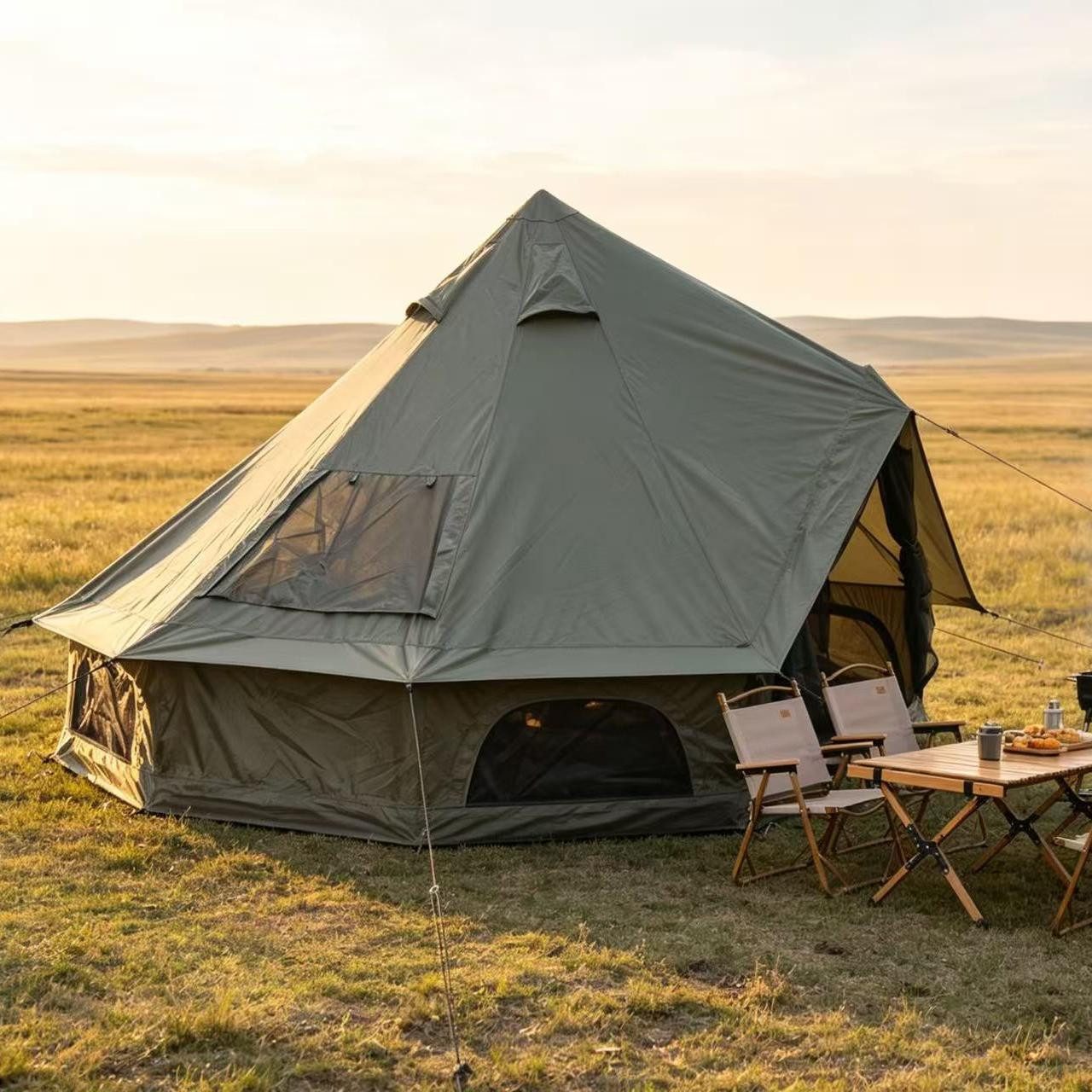 CHICFURN aufblasbares Zelt Oxford Glockenzelt für Familien-Camping mit Ofendurchführung, Personen: 4 (Packung, 1 tlg., Wetterfestes 4-Jahreszeiten-Zelt, 3 × 2 m, Dunkelgrün), Geräumiges Jurtenzelt für 3–4 Personen