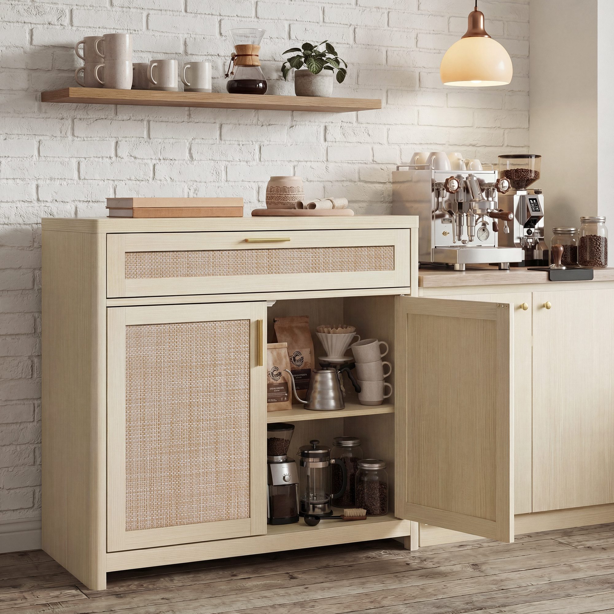 VASAGLE Buffet Küchenschrank im Boho-Stil, Türen Rattan-Optik verstellbare Ablage, Schublade, Wohnzimmer,38 x 80 x 80 cm (T x B x H)